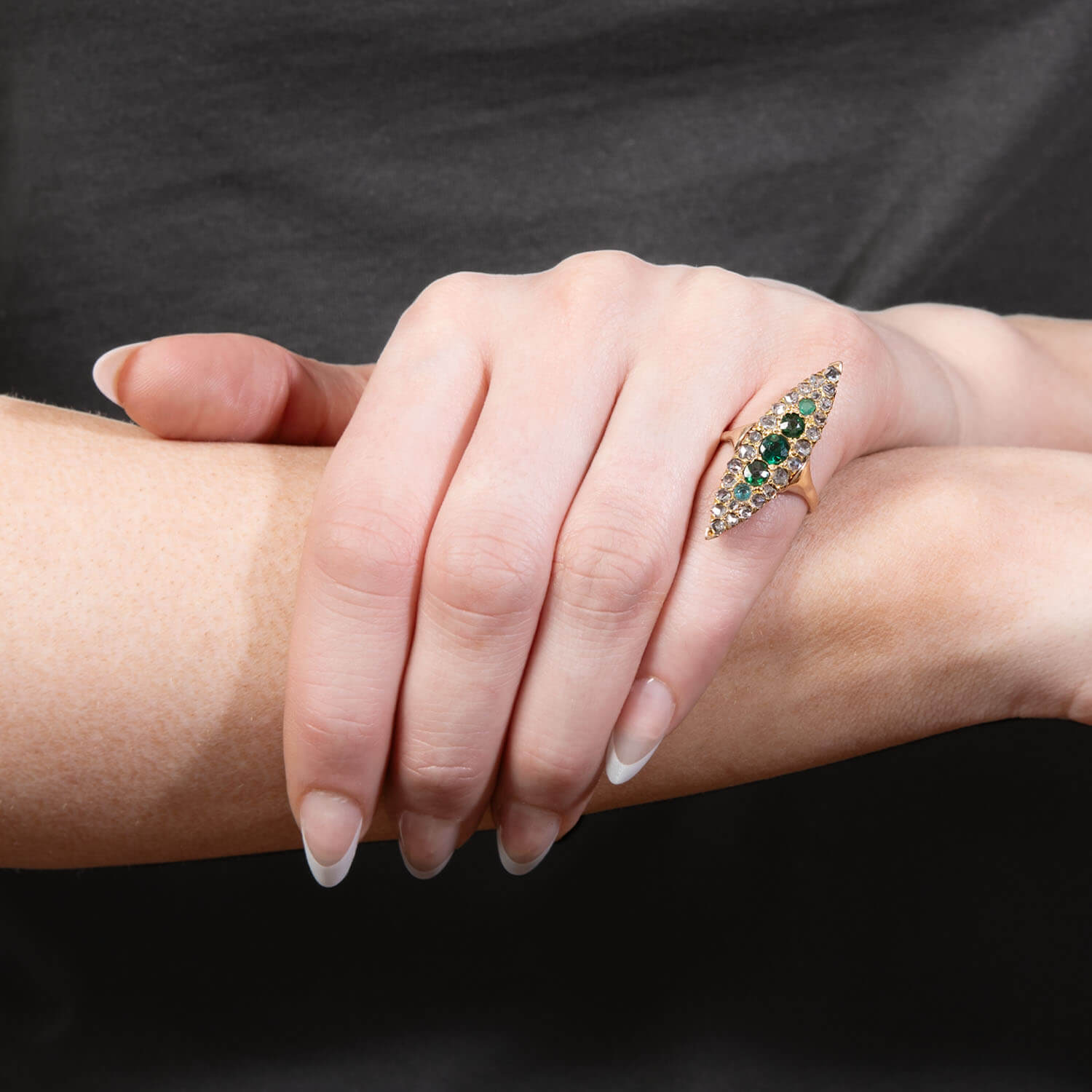 Edwardian 18k Diamond and Emerald Navette Ring