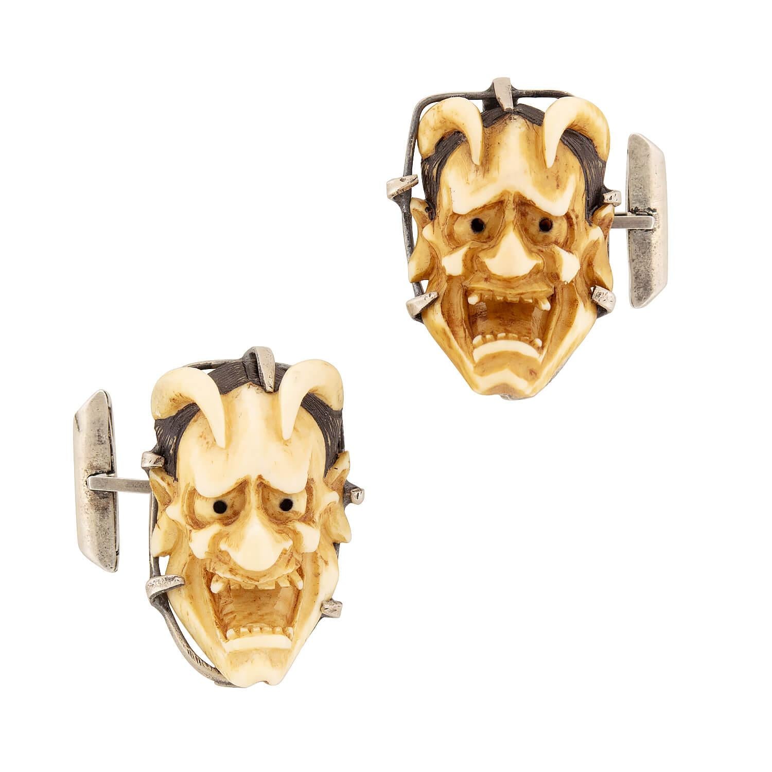 Vintage Sterling Silver, Bone, and Enamel Japanese Cufflinks