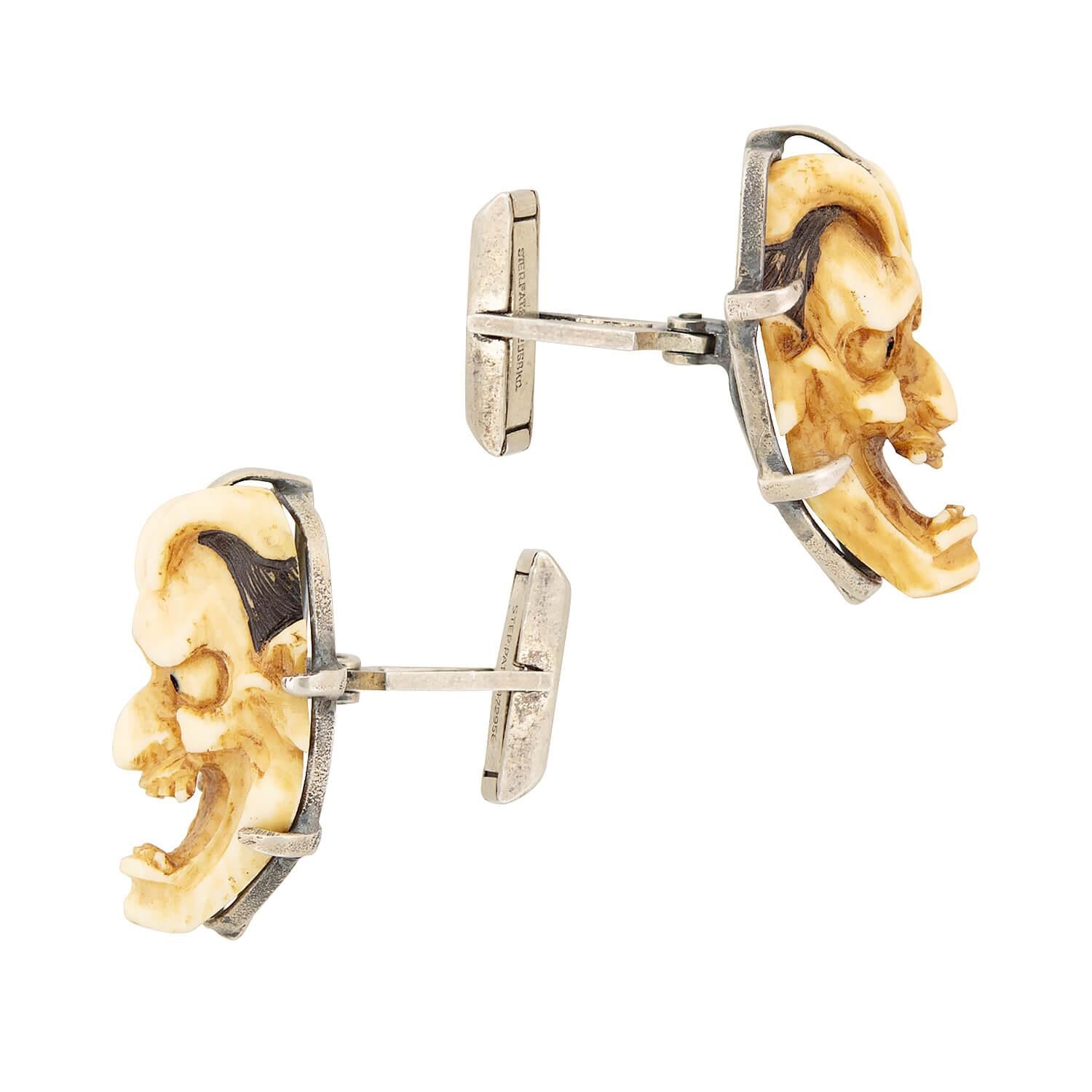 Vintage Sterling Silver, Bone, and Enamel Japanese Cufflinks
