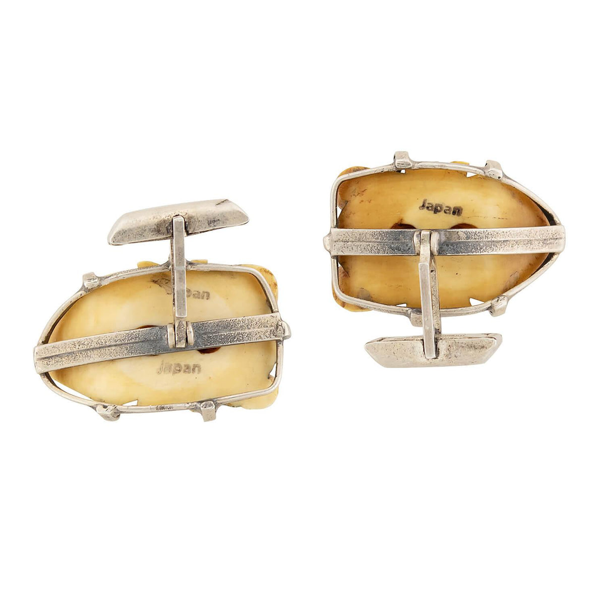 Vintage Sterling Silver, Bone, and Enamel Japanese Cufflinks
