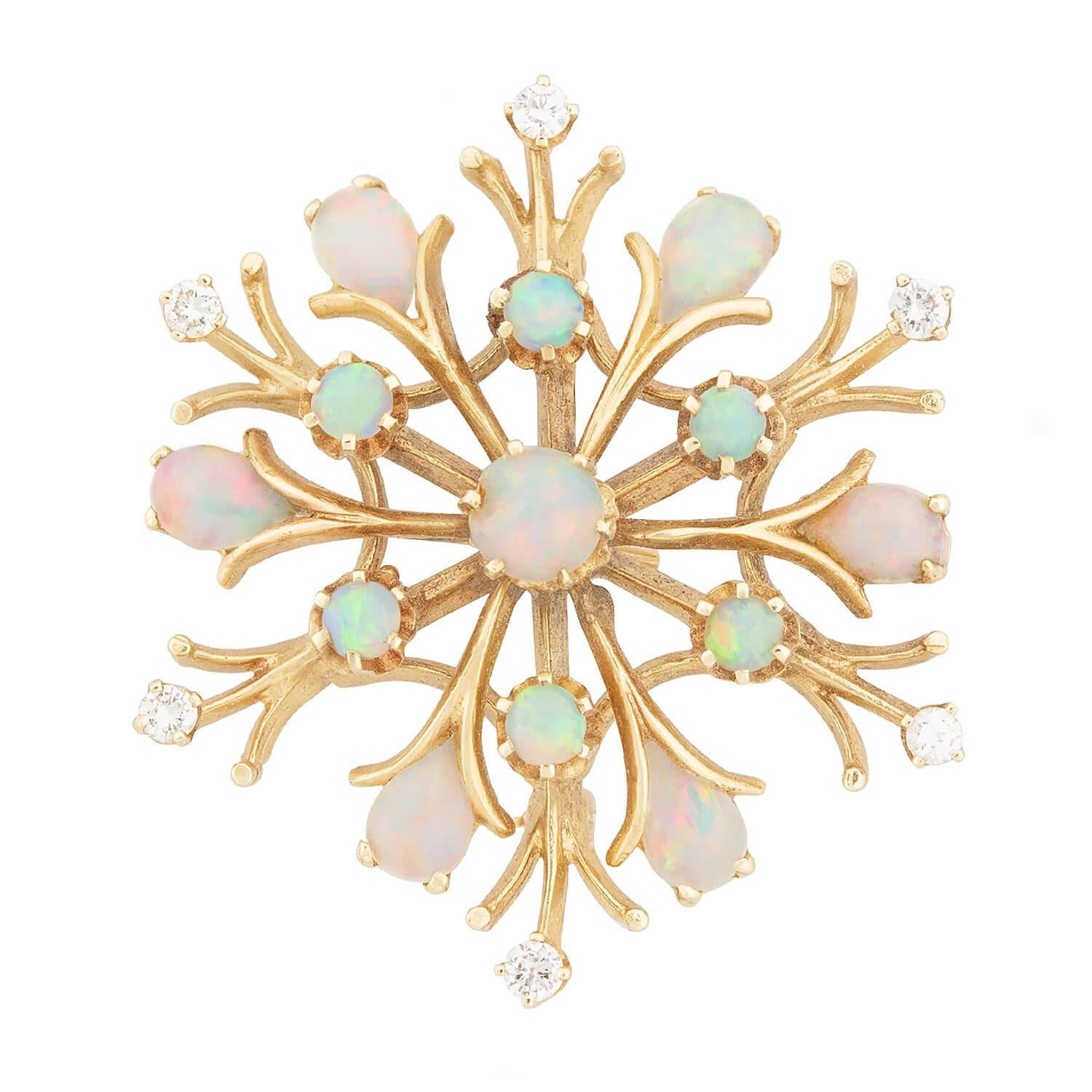 Retro 14k Opal and Diamond Snowflake Pin/Pendant