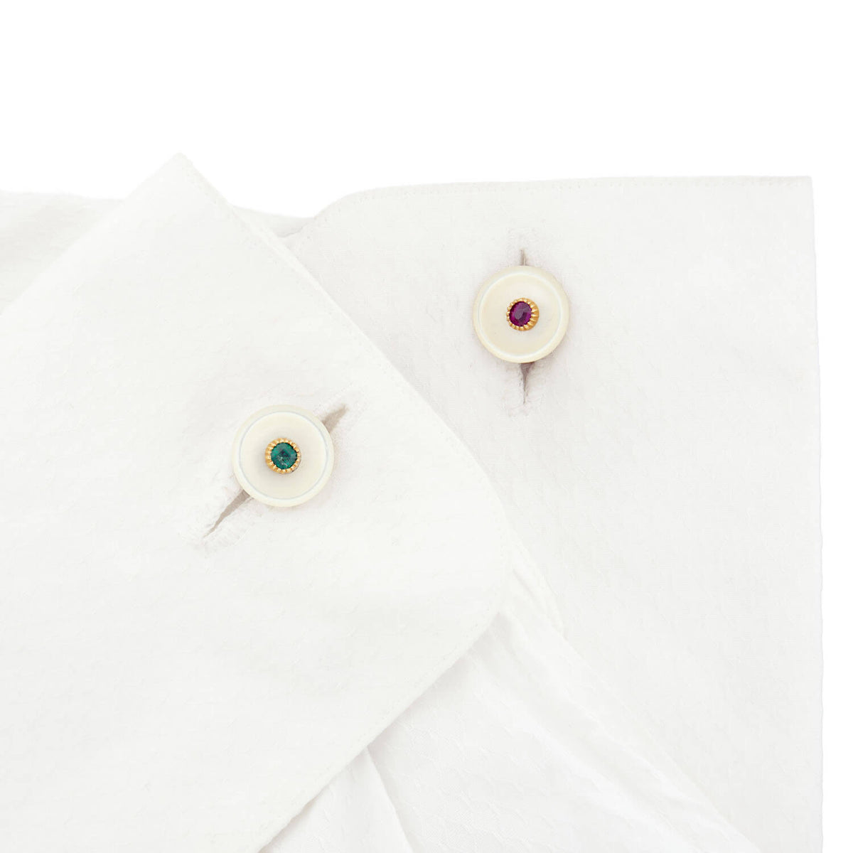 Edwardian 14k/Platinum Mother of Pearl, Diamond, Ruby, and Emerald Cufflinks
