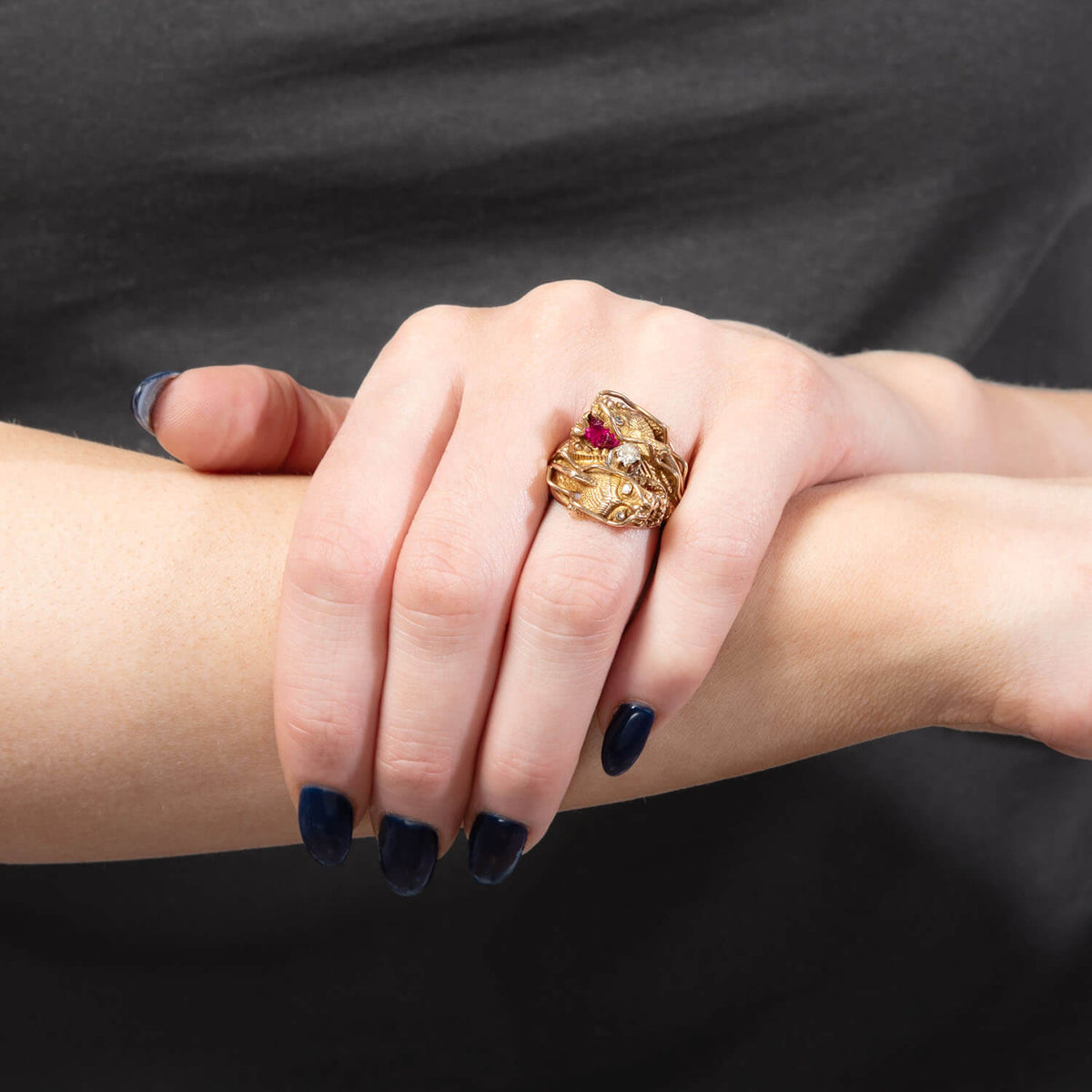 Vintage 14k Diamond and Spinel Dragon Ring