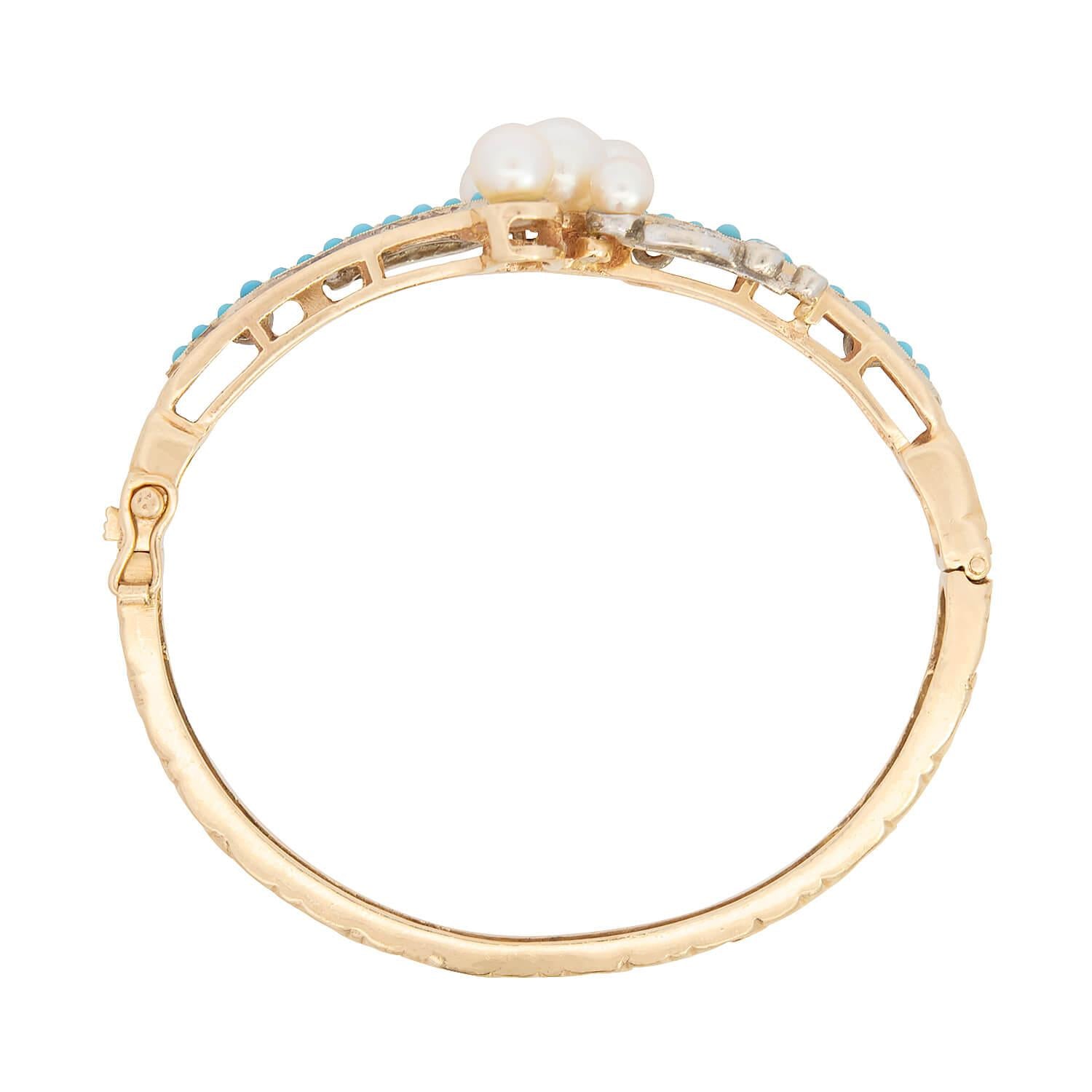 Victorian 14k Pearl, Turquoise, and Diamond Bangle