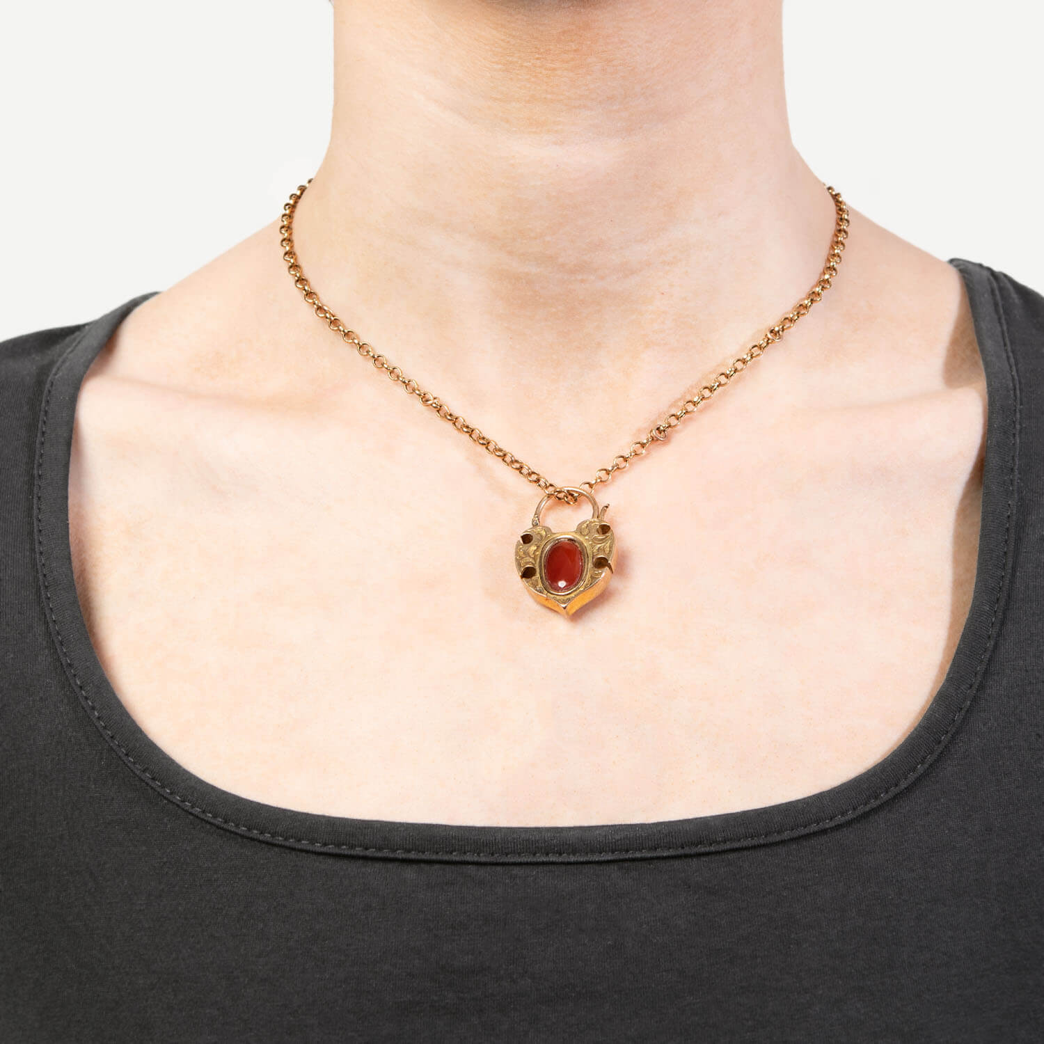 Victorian 14k/Sterling Silver Coral & Diamond Padlock Heart Pendant Necklace