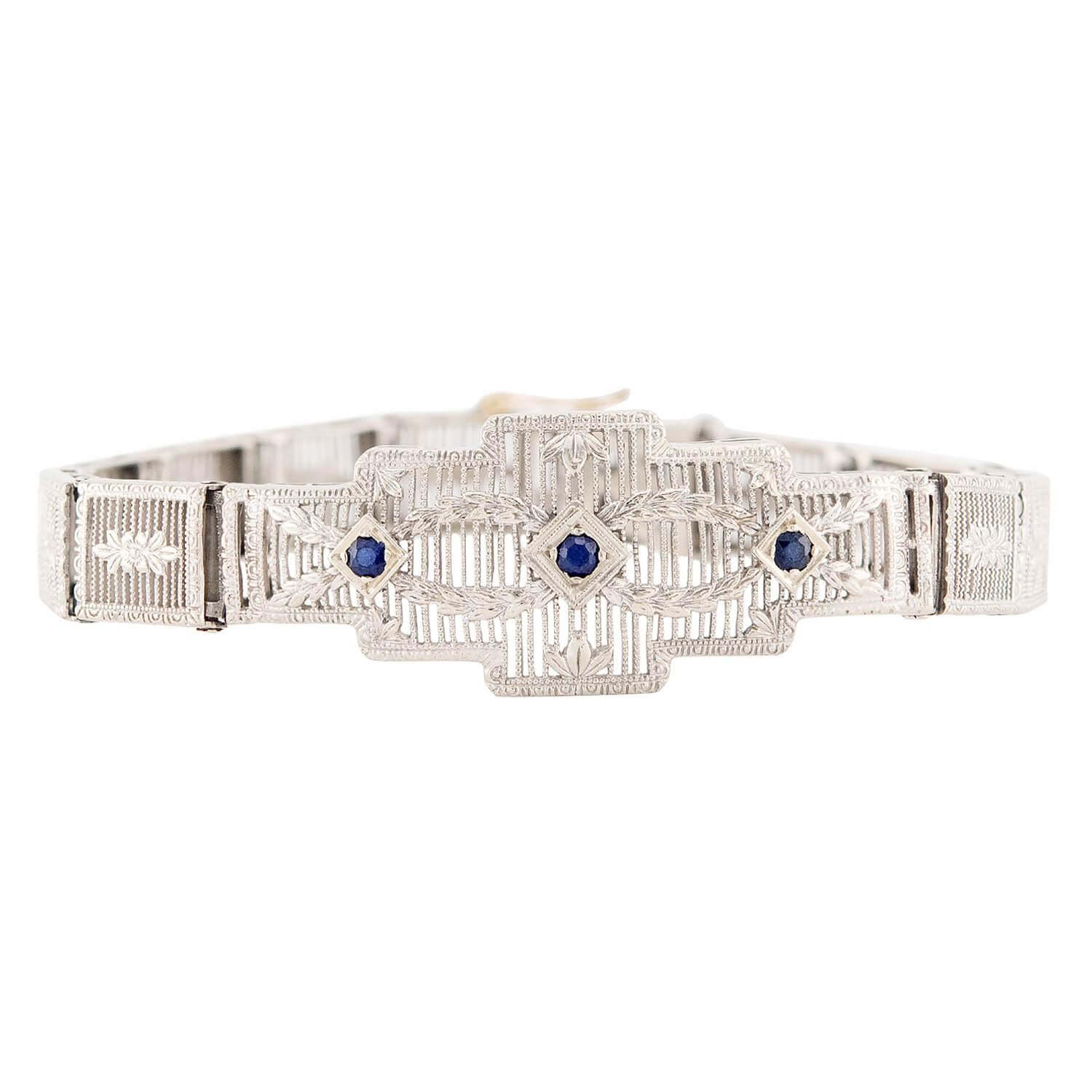 Art Deco 14k White Sapphire Filigree Line Bracelet