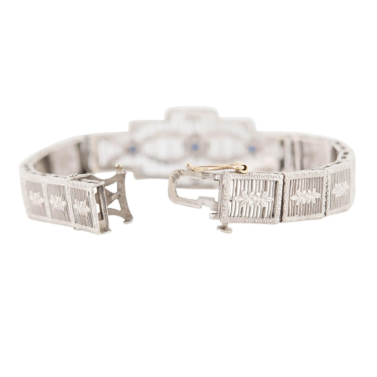 Art Deco 14k White Sapphire Filigree Line Bracelet