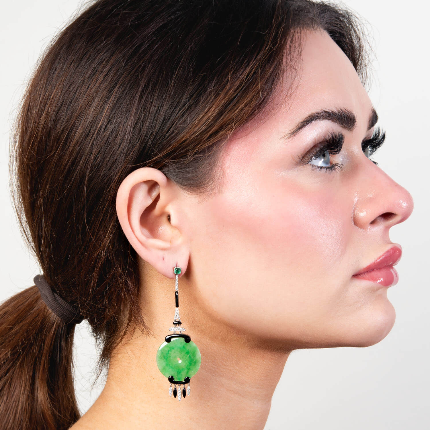 Art Deco Platinum Jade, Diamond, Emerald, and Enamel Disc Earrings