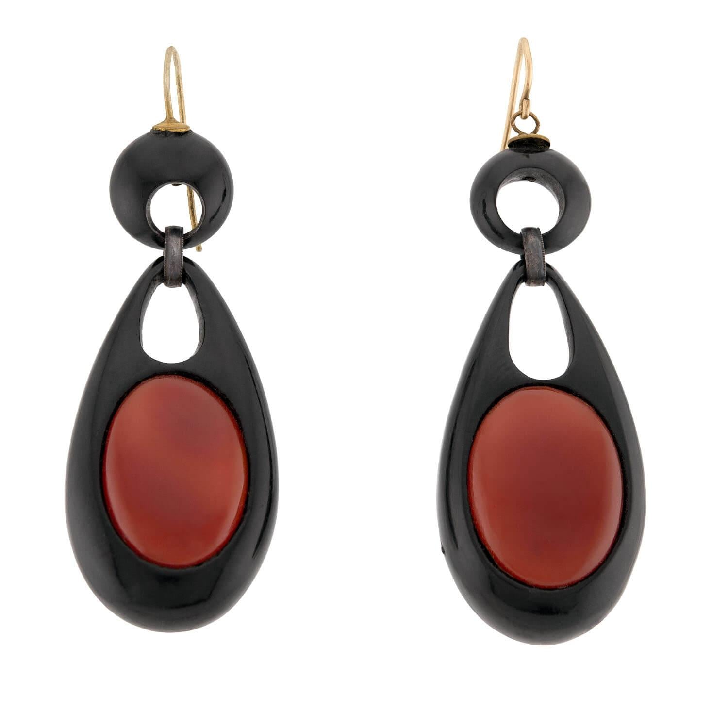 Victorian Sterling Silver and Jet Carnelian Earrings