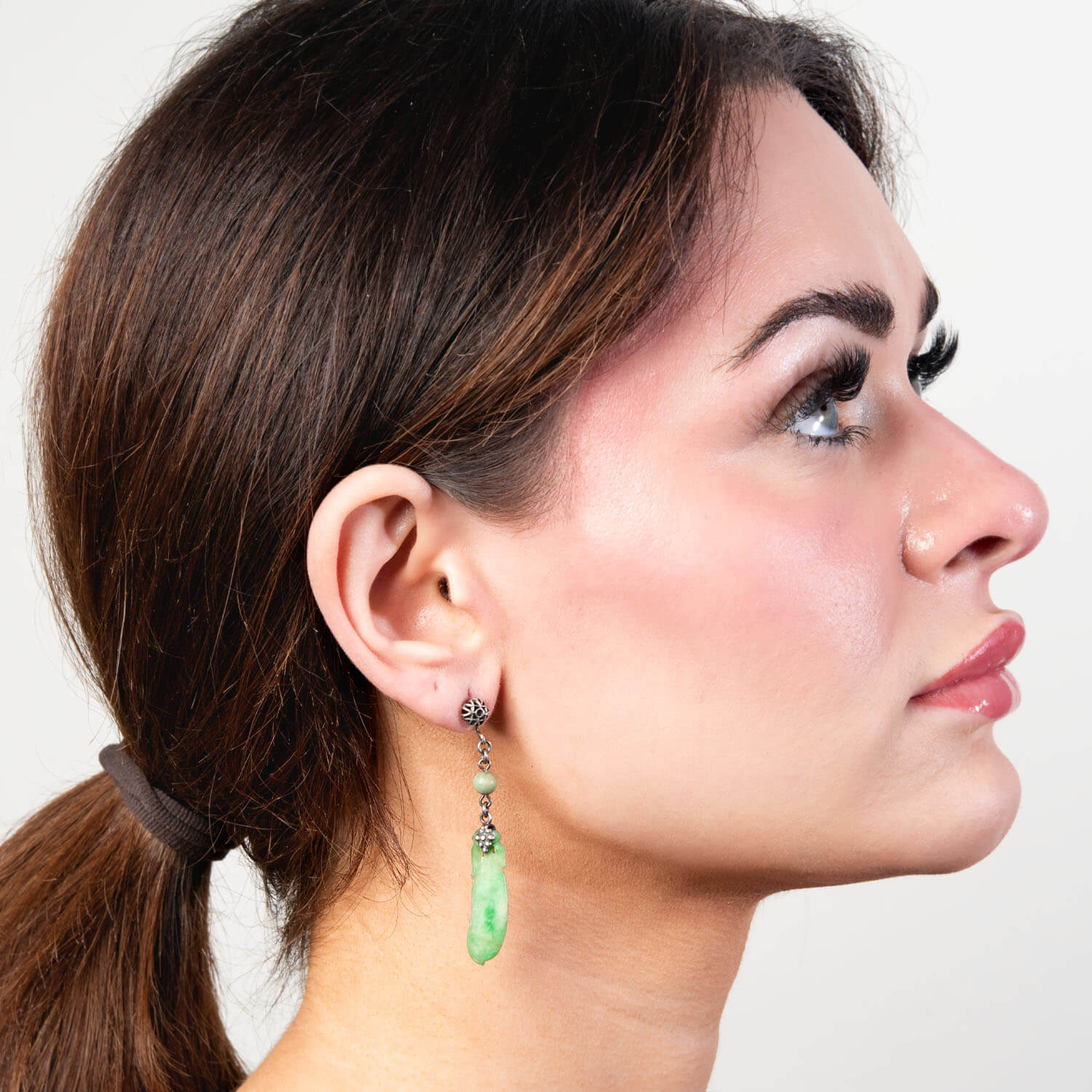Art Deco Chinese Sterling Silver Carved Jade Earrings