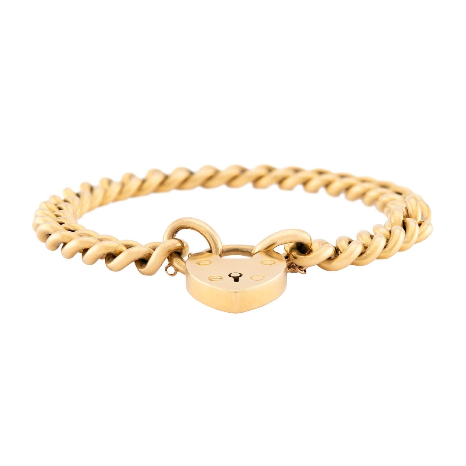 Victorian English 18k Cuban Link Heart Padlock Bracelet