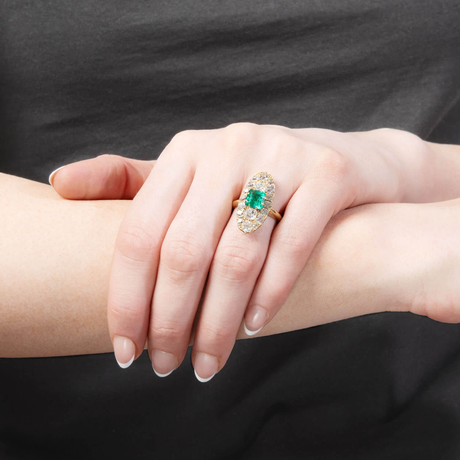 Victorian French 18k Emerald and Diamond Navette Ring