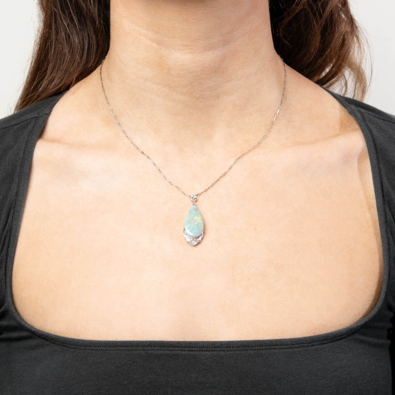 Art Deco 18k Opal and Diamond Teardrop Pendant Necklace