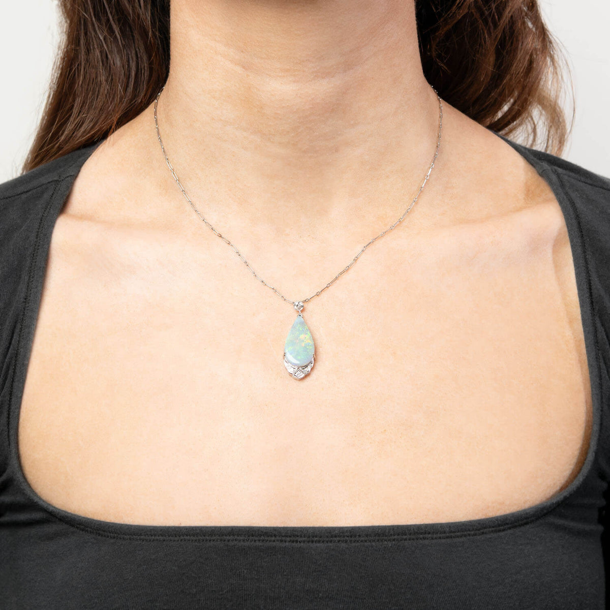 Art Deco 18k Opal and Diamond Teardrop Pendant Necklace