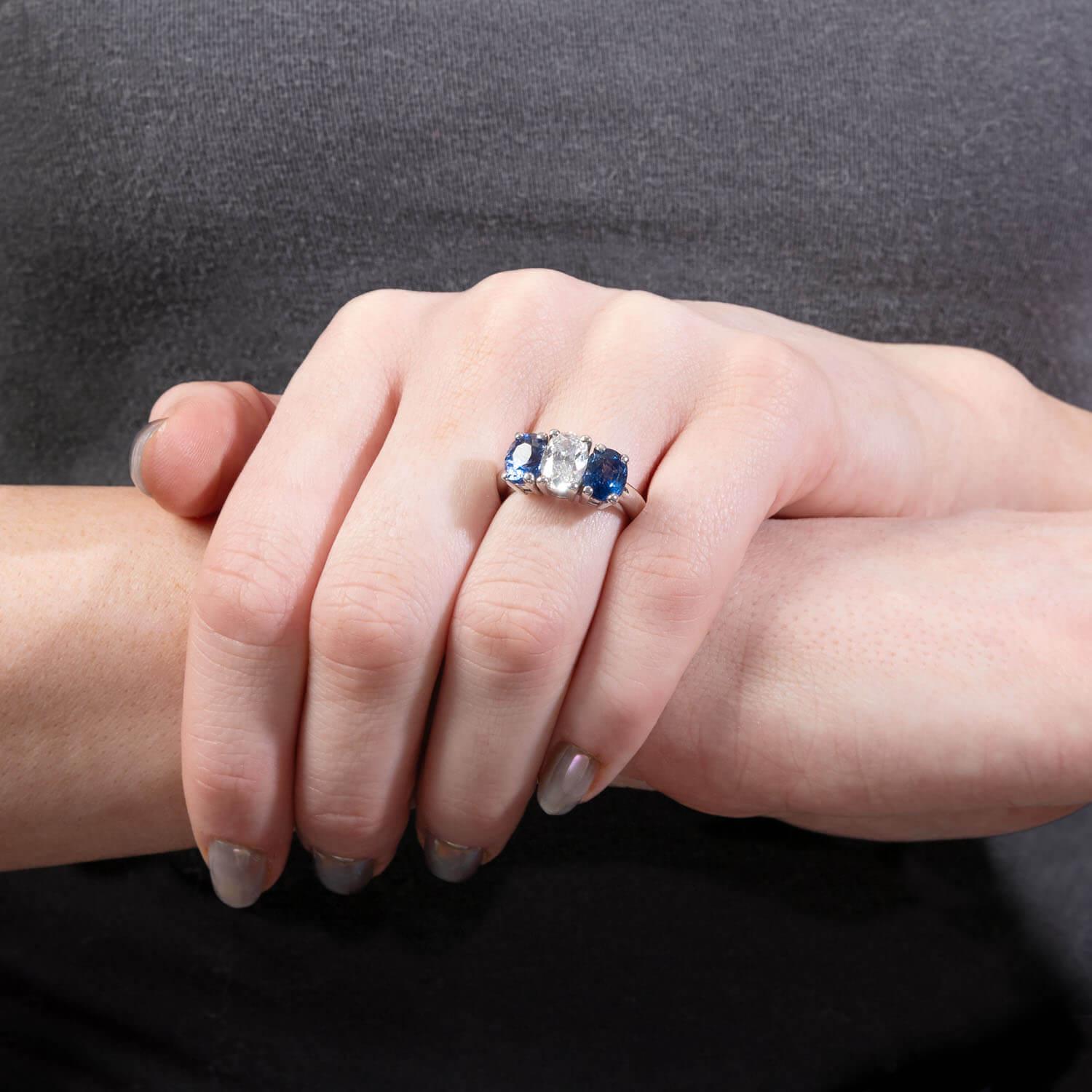 Estate 14k Diamond and Sapphire Three Stone Ring