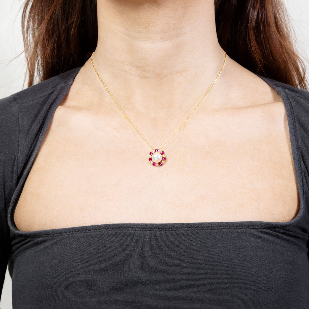 Estate 18k Pearl, Ruby, and Diamond Pendant Necklace