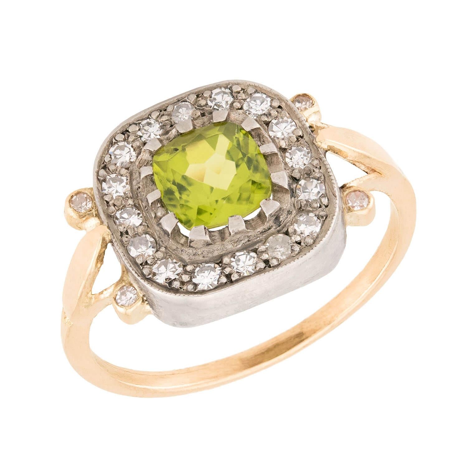 Victorian 14k/Sterling Silver Peridot and Diamond Halo Ring