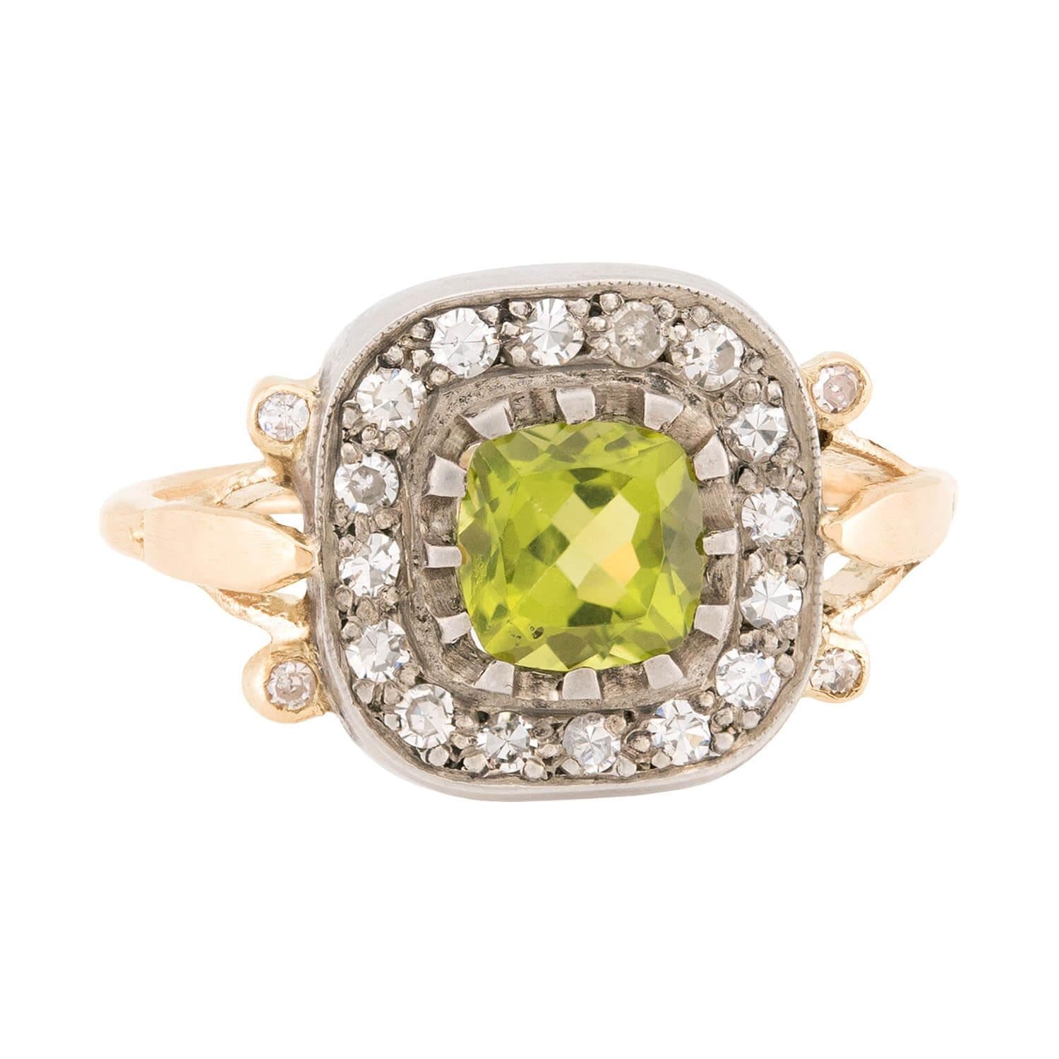 Victorian 14k/Sterling Silver Peridot and Diamond Halo Ring