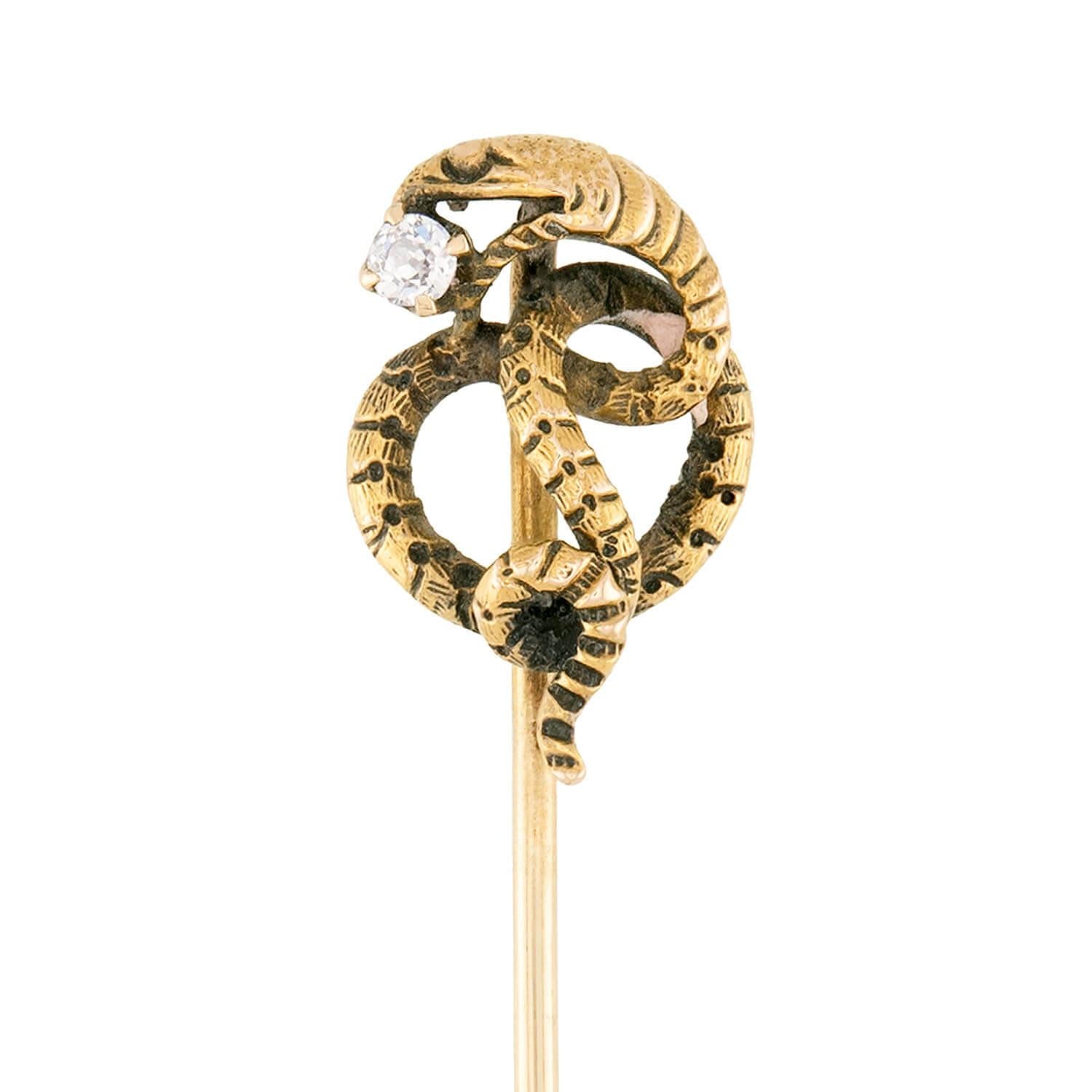 Victorian 14k Diamond Snake Motif Stick Pin