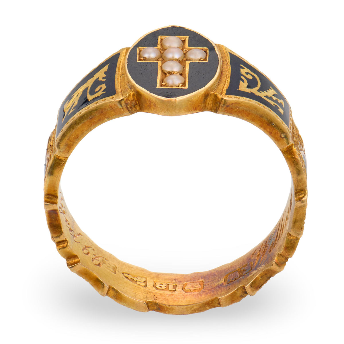 Victorian English 18k Pearl & Enamel Mourning Ring