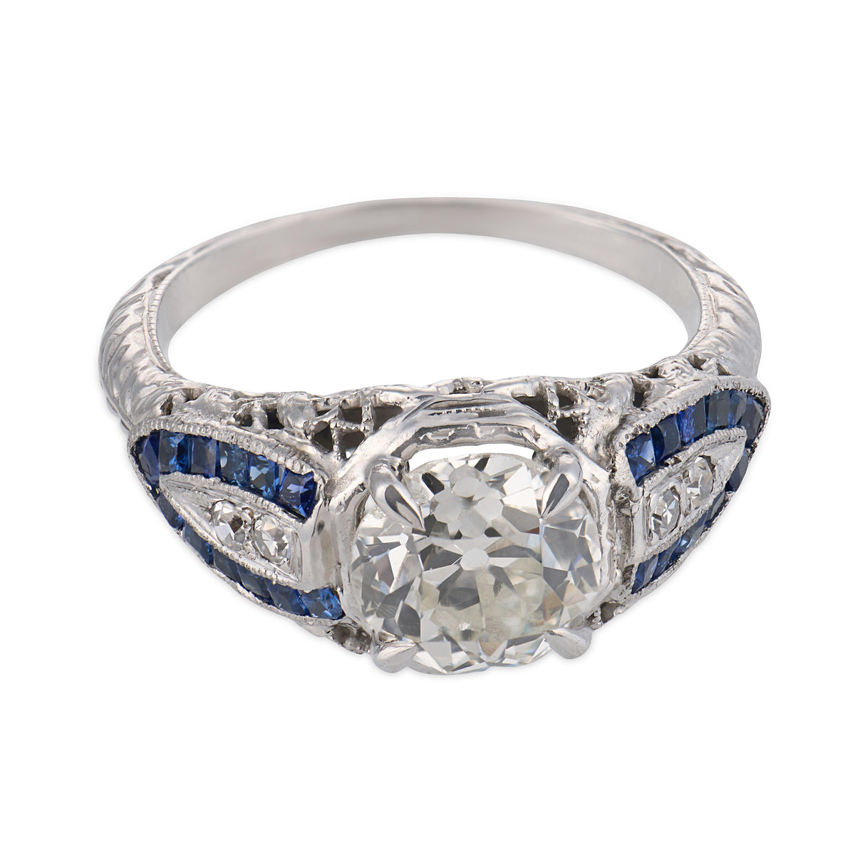 Art Deco Platinum Diamond & Sapphire Engagement Ring 1.59ct