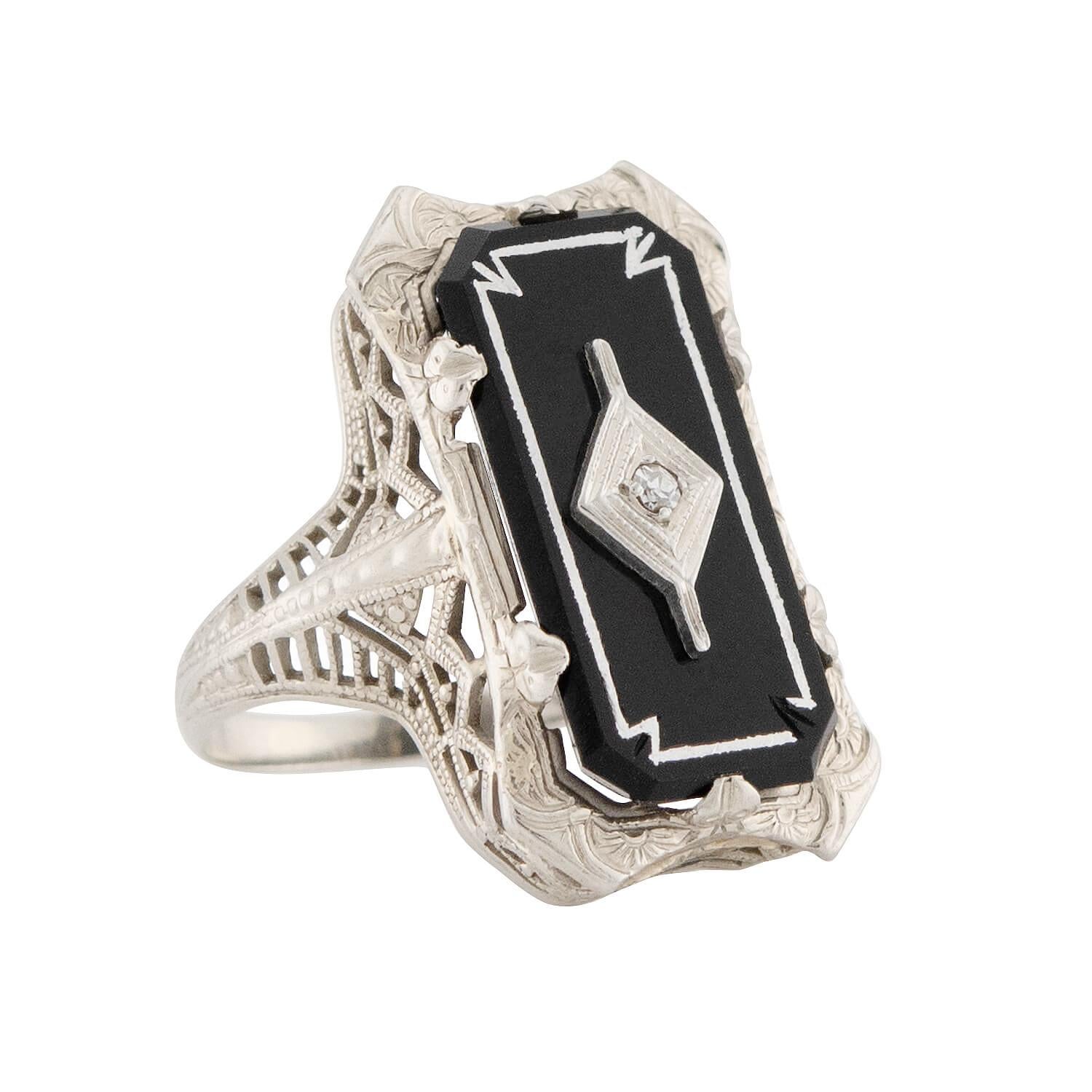 Art Deco 14k Onyx and Diamond Filigree Ring