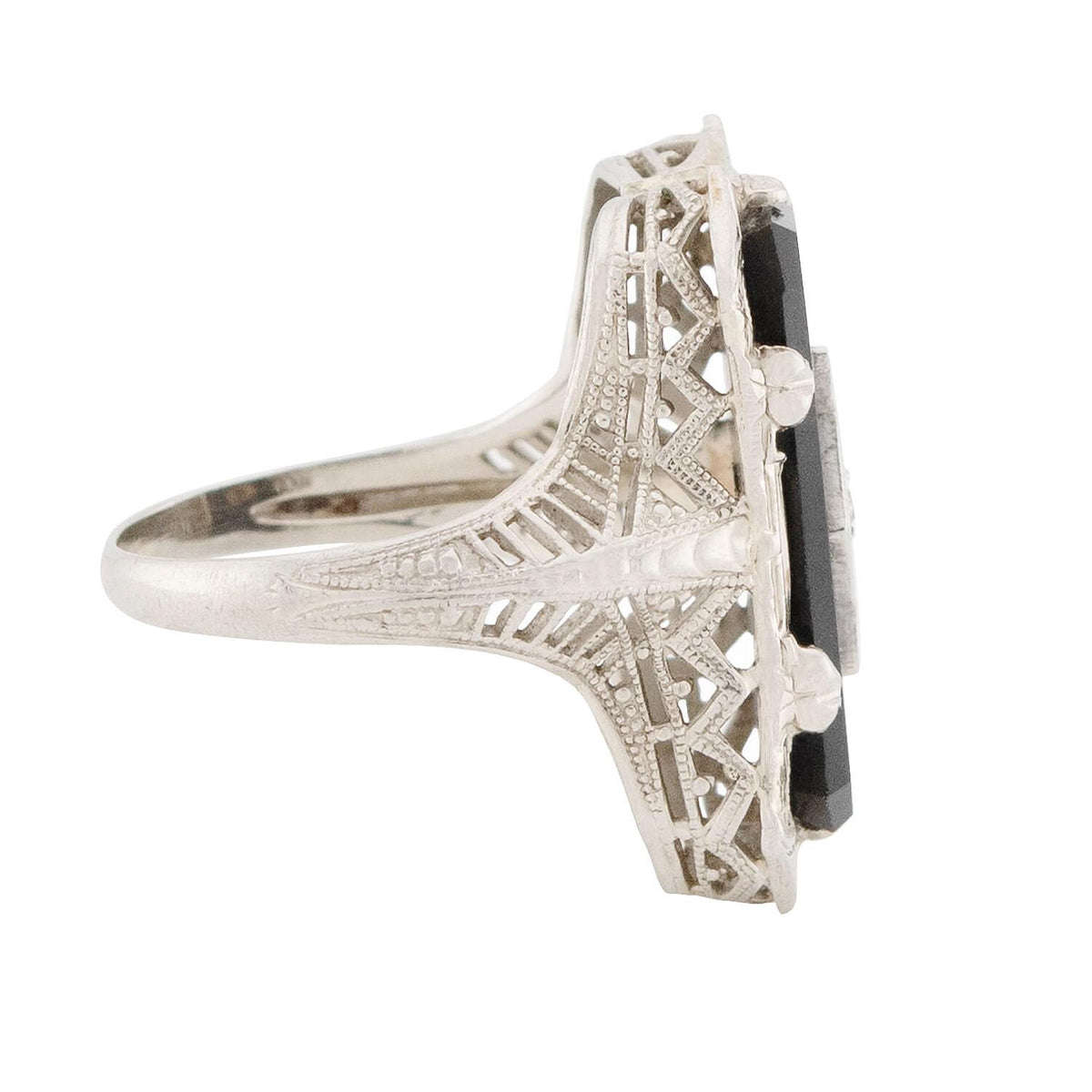 Art Deco 14k Onyx and Diamond Filigree Ring