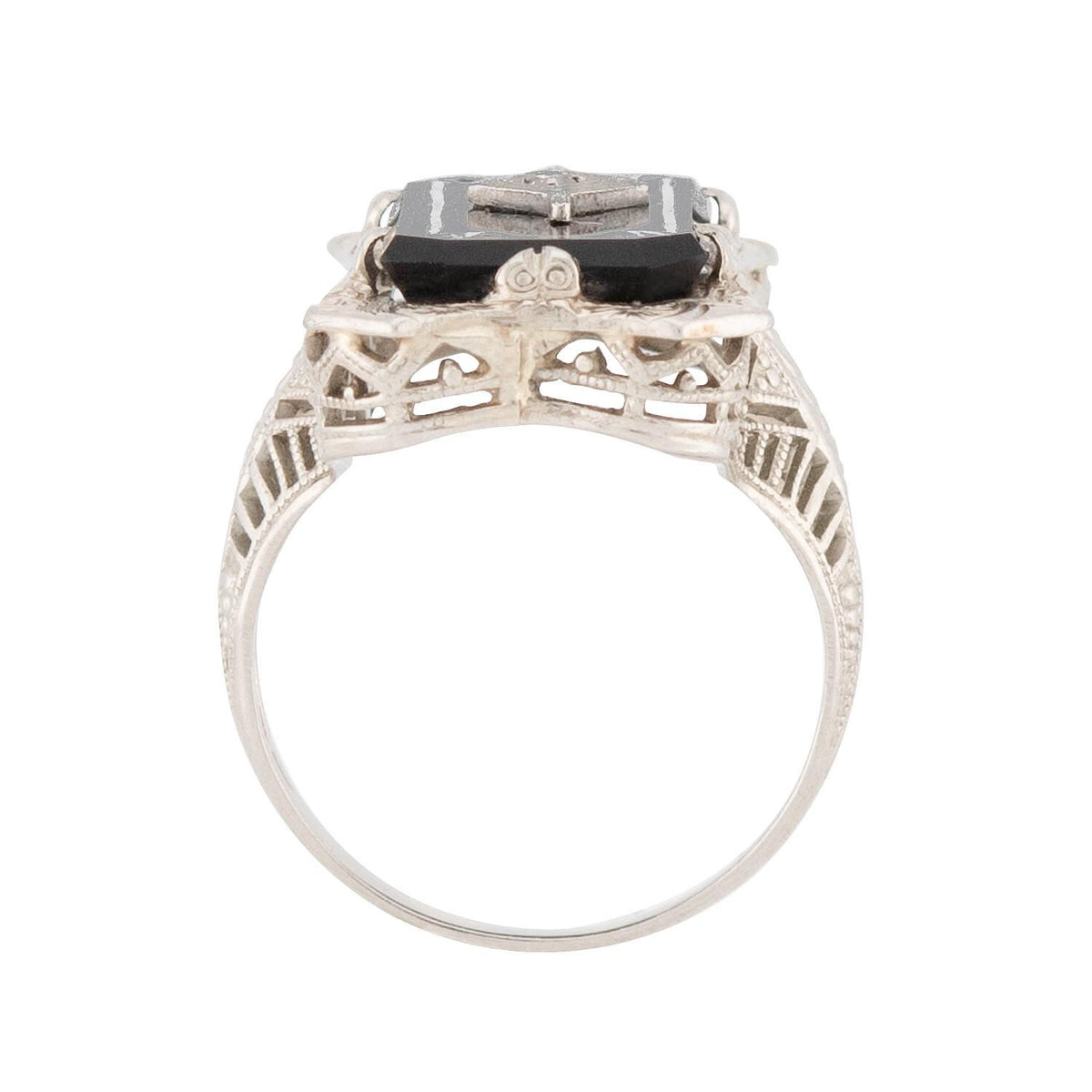 Art Deco 14k Onyx and Diamond Filigree Ring