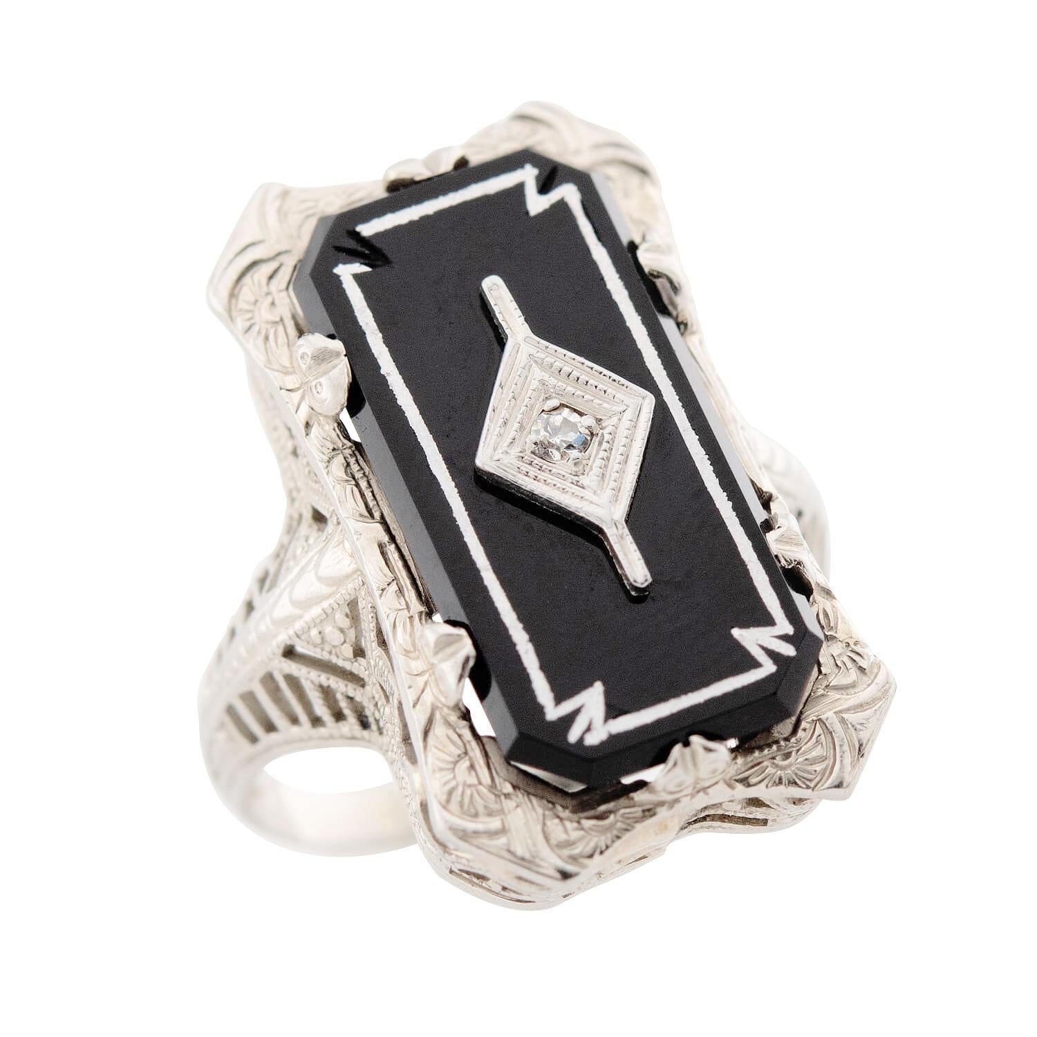 Art Deco 14k Onyx and Diamond Filigree Ring