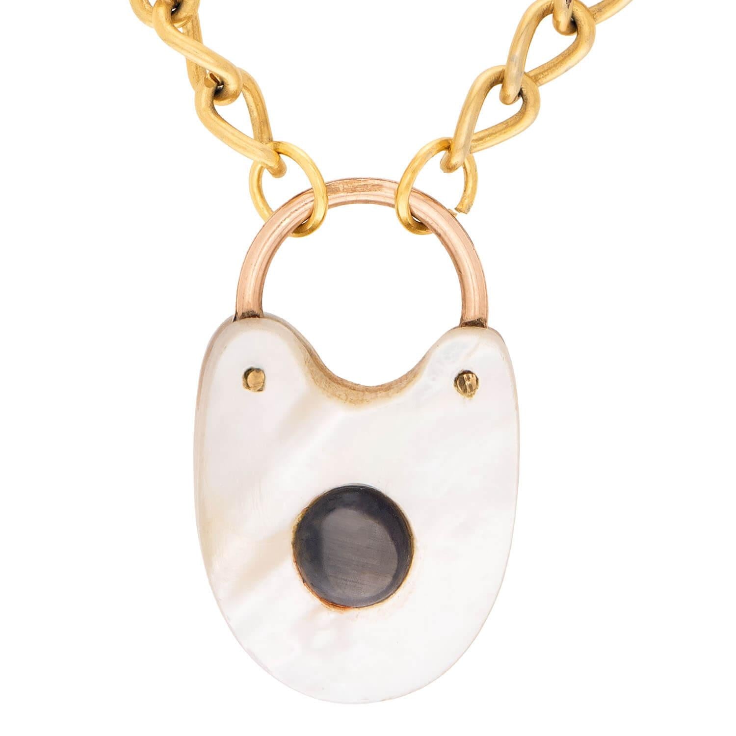 Victorian Gold Filled Mother of Pearl Padlock Pendant Necklace
