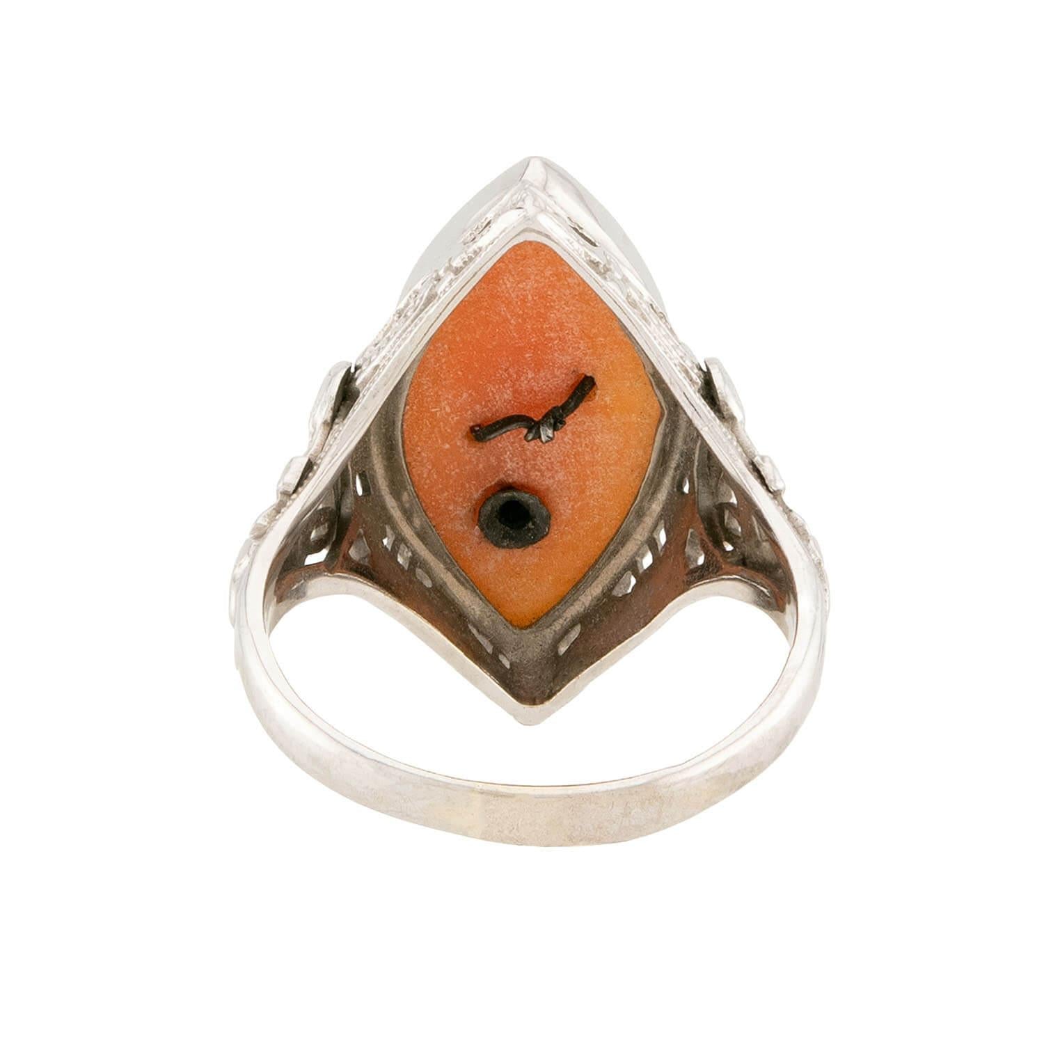 Art Deco 14k Diamond Cameo Navette Ring