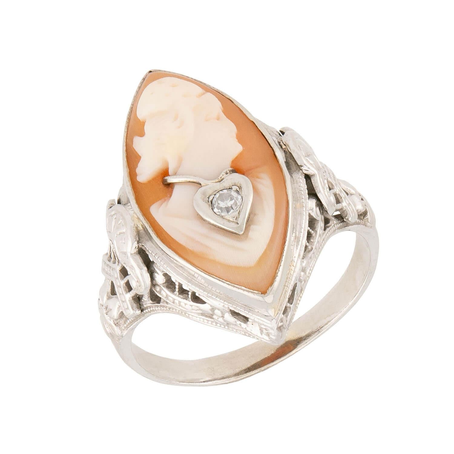 Art Deco 14k Diamond Cameo Navette Ring