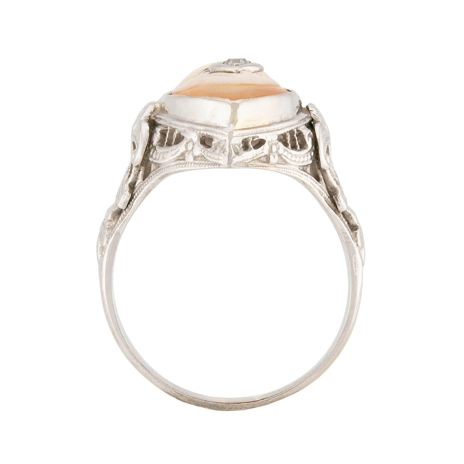 Art Deco 14k Diamond Cameo Navette Ring