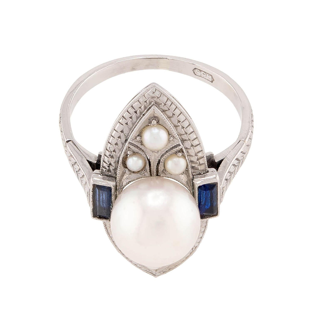 SCHNELWAR & SONS, J Art Deco 18k Pearl and Sapphire Navette Ring