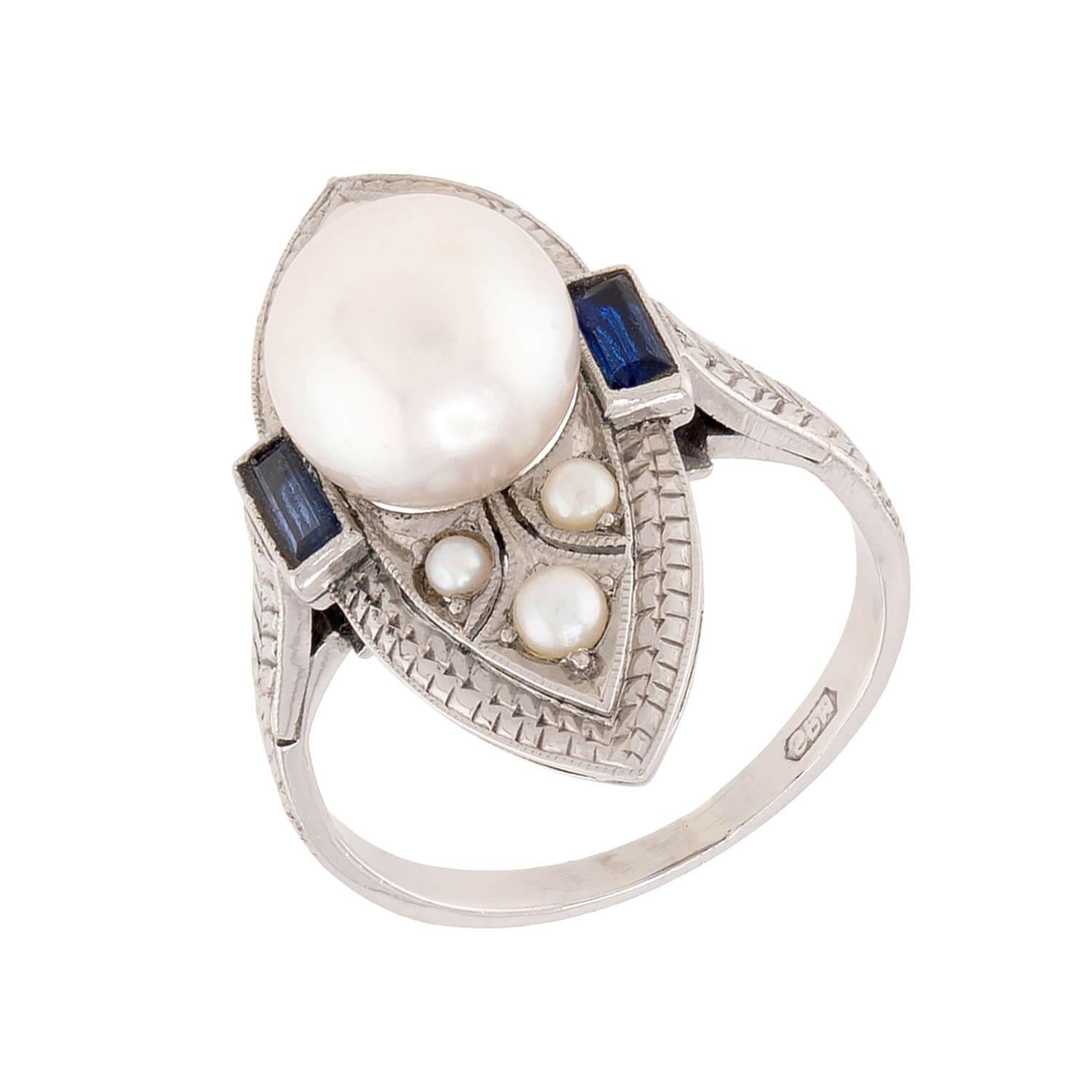 SCHNELWAR & SONS, J Art Deco 18k Pearl and Sapphire Navette Ring