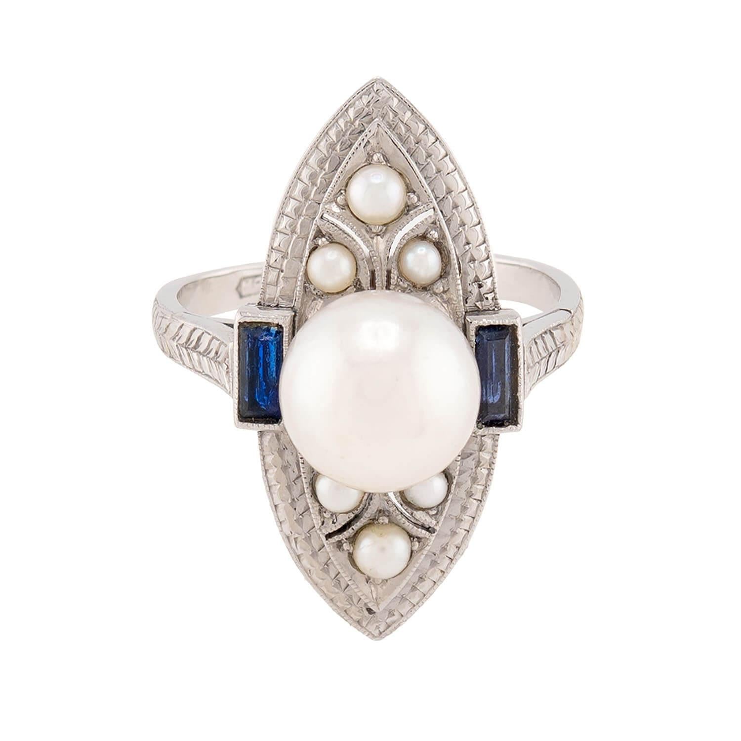 SCHNELWAR & SONS, J Art Deco 18k Pearl and Sapphire Navette Ring