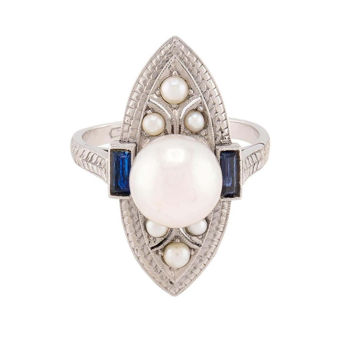 SCHNELWAR & SONS, J Art Deco 18k Pearl and Sapphire Navette Ring
