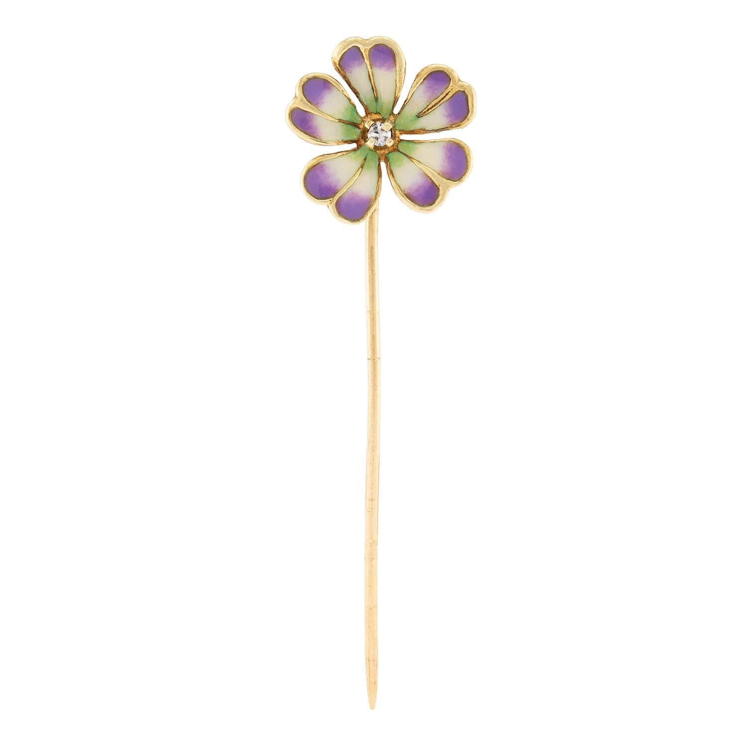 Art Nouveau 14k Diamond and Enamel Flower Stickpin