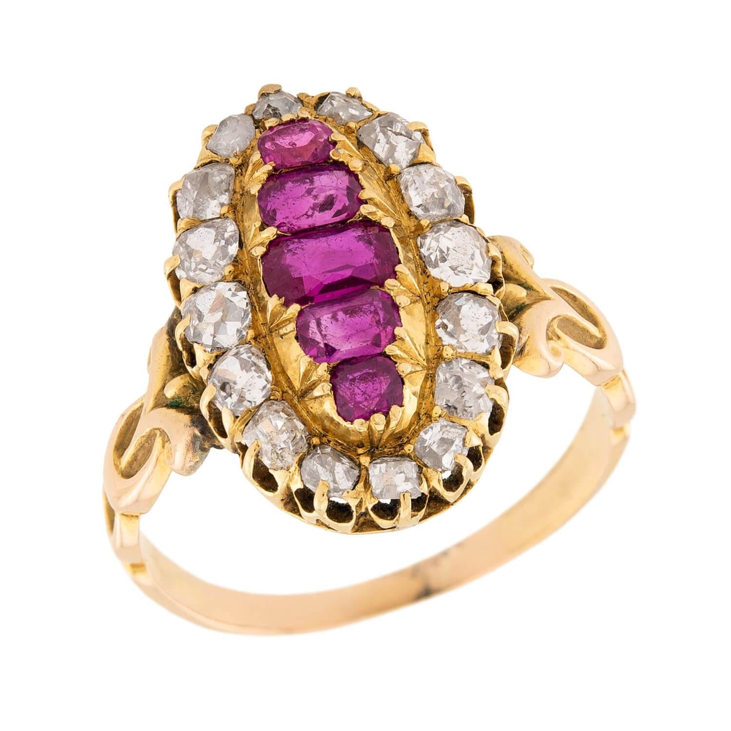 Victorian 18k Ruby and Diamond Navette Ring