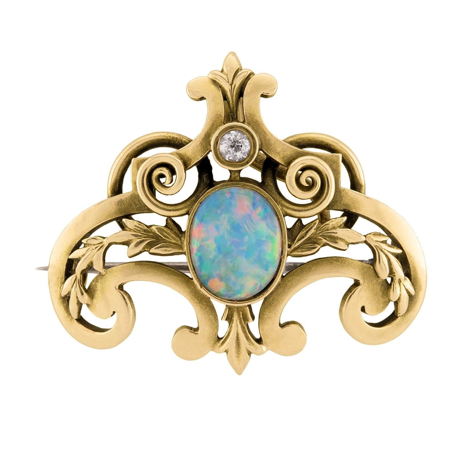RIKER BROS. Art Nouveau 14k Opal and Diamond Lavalier Pin/Pendant