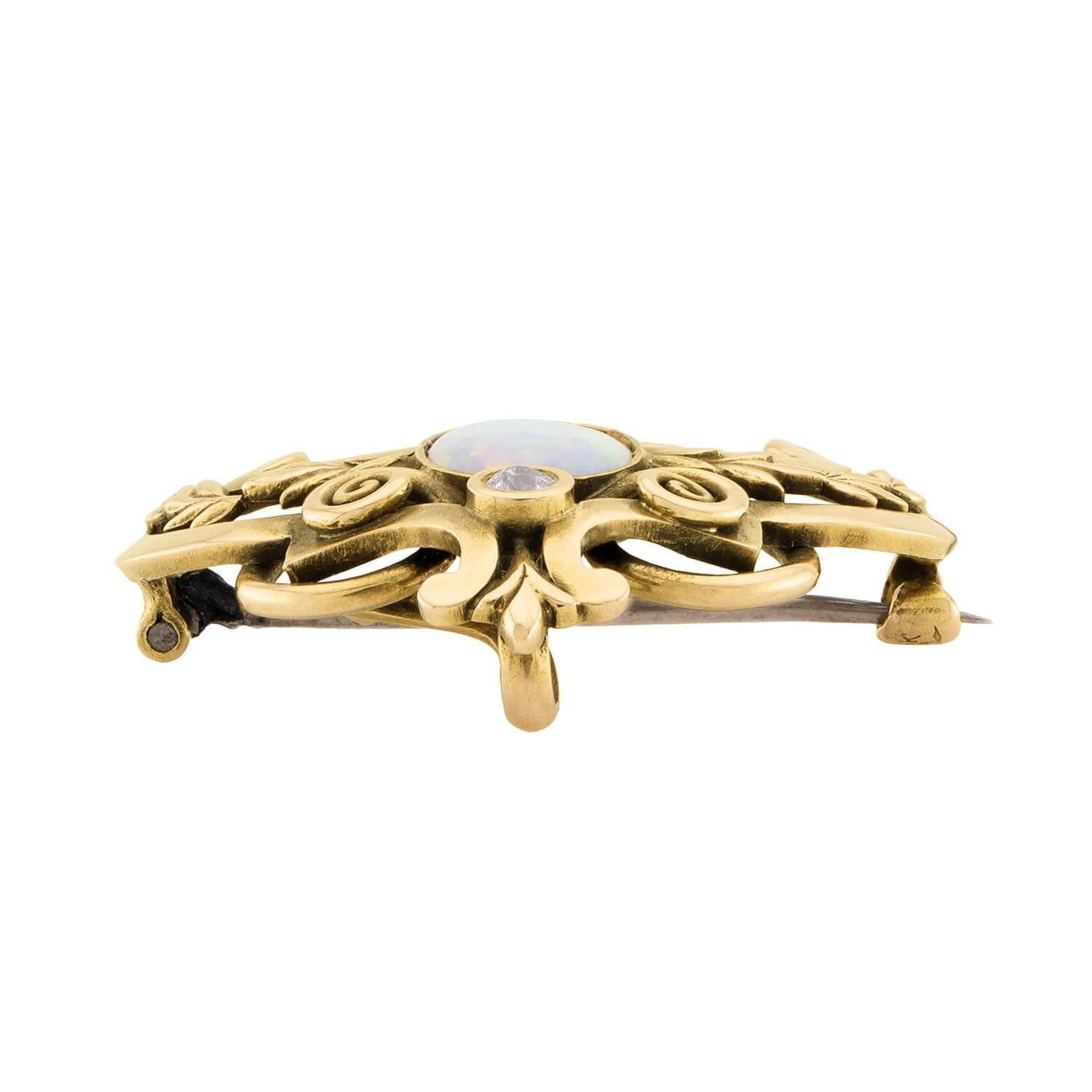 RIKER BROS. Art Nouveau 14k Opal and Diamond Lavalier Pin/Pendant