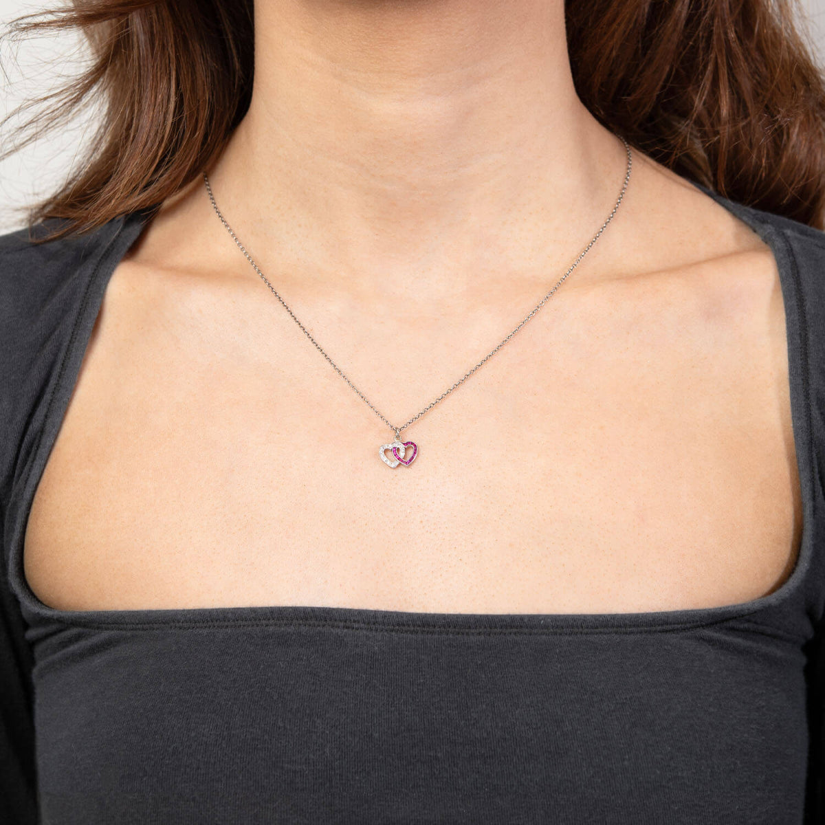 Retro Platinum Diamond & Ruby Double Heart Pendant/Charm
