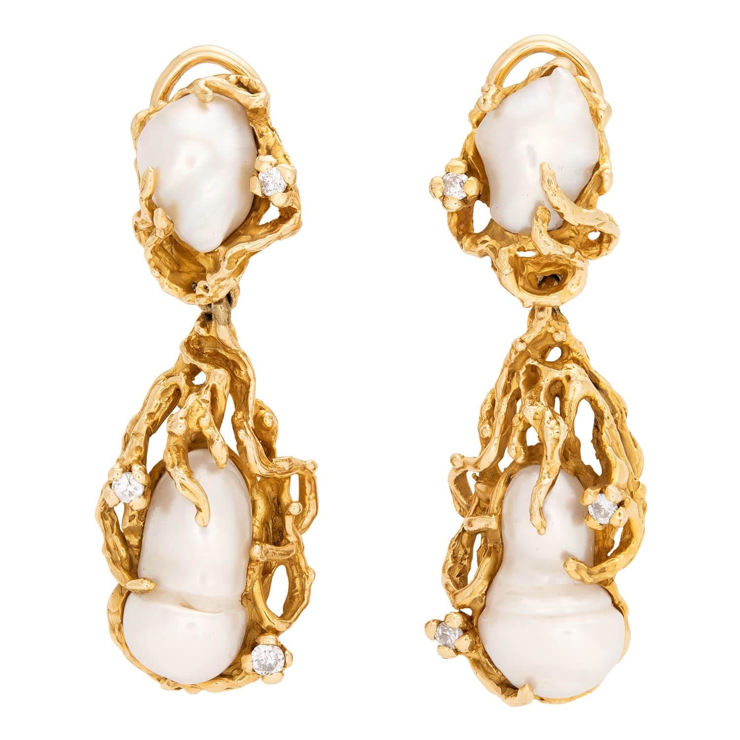 Retro 14k Pearl and Diamond Brutalist Dangle Earrings