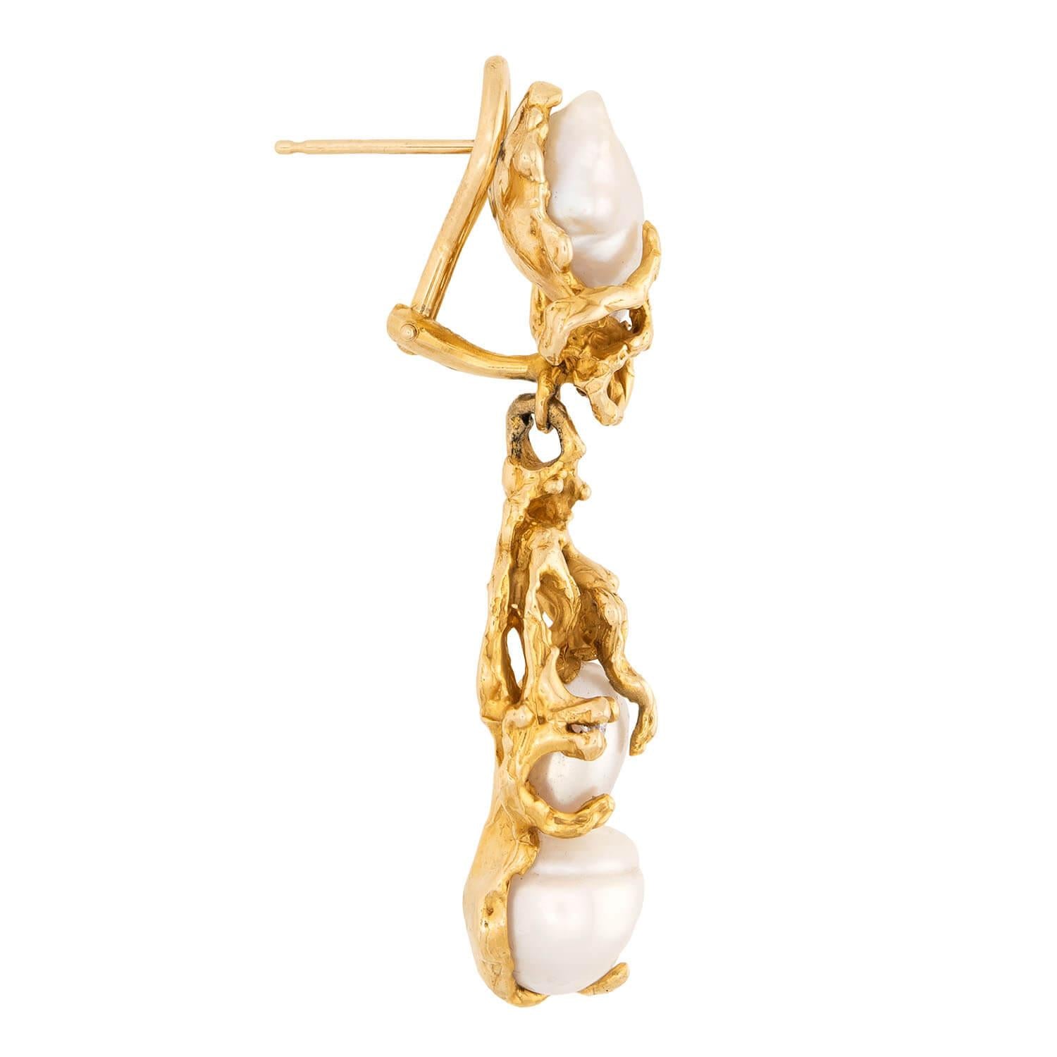Retro 14k Pearl and Diamond Brutalist Dangle Earrings