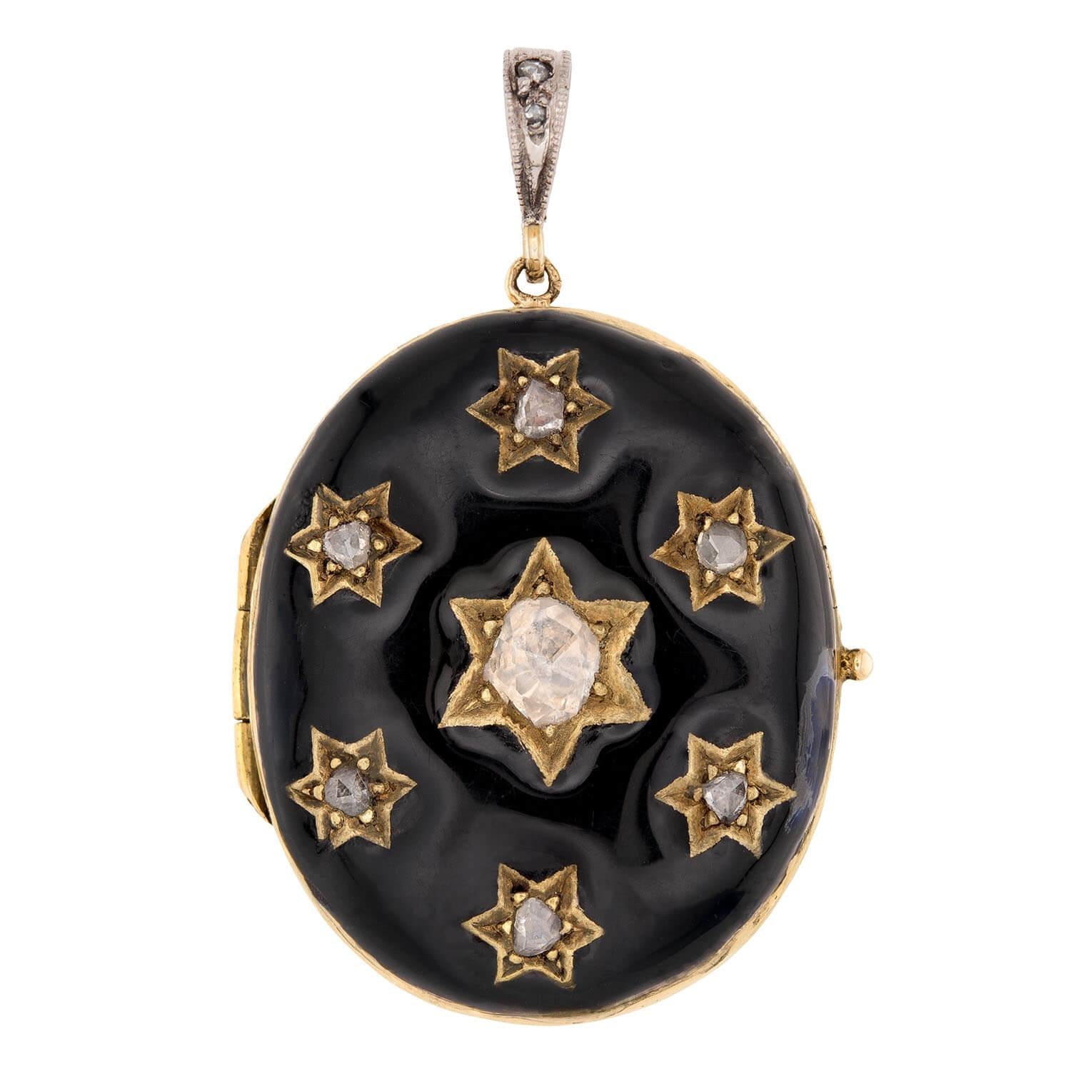 Victorian 18k Diamond & Enamel Star-Motif Locket