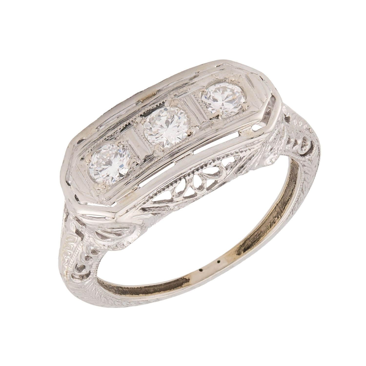 Art Deco 14k Diamond Three Stone Ring