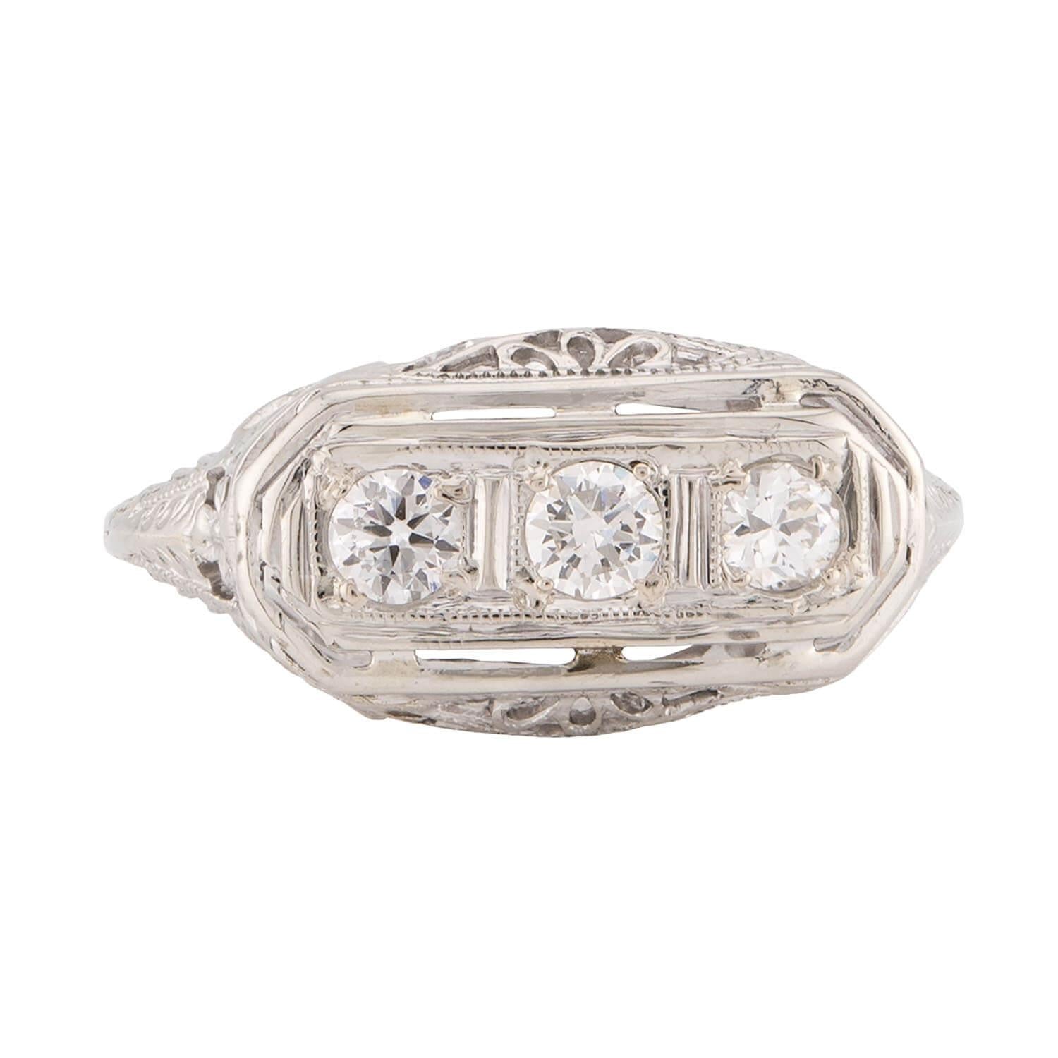 Art Deco 14k Diamond Three Stone Ring