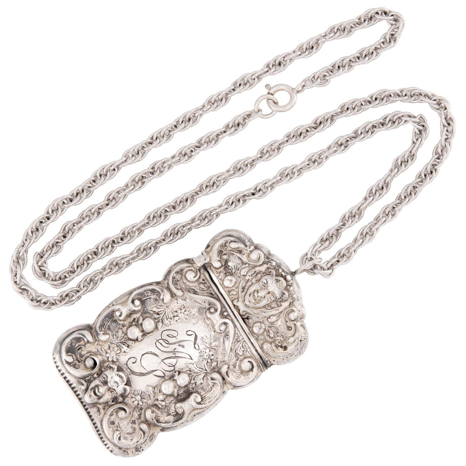 Victorian Sterling Silver Repoussé Match Safe Necklace