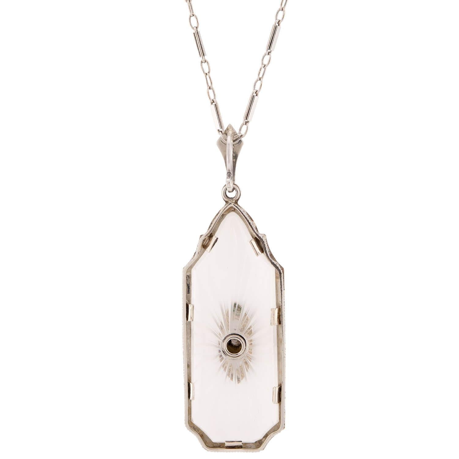 KREMENTZ Art Deco 14k Rock Quartz Crystal, Diamond, & Enamel Pendant Necklace