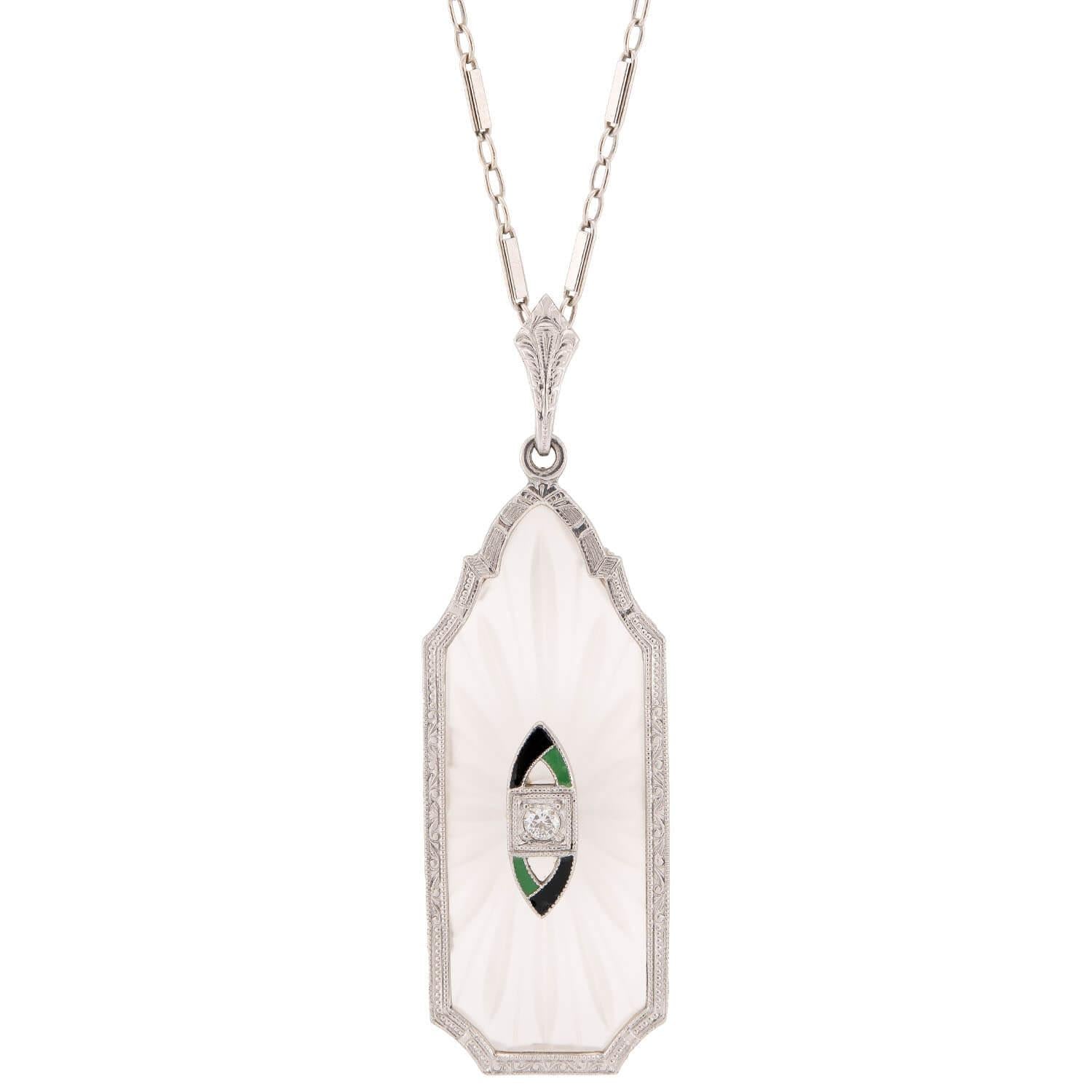 KREMENTZ Art Deco 14k Rock Quartz Crystal, Diamond, & Enamel Pendant Necklace